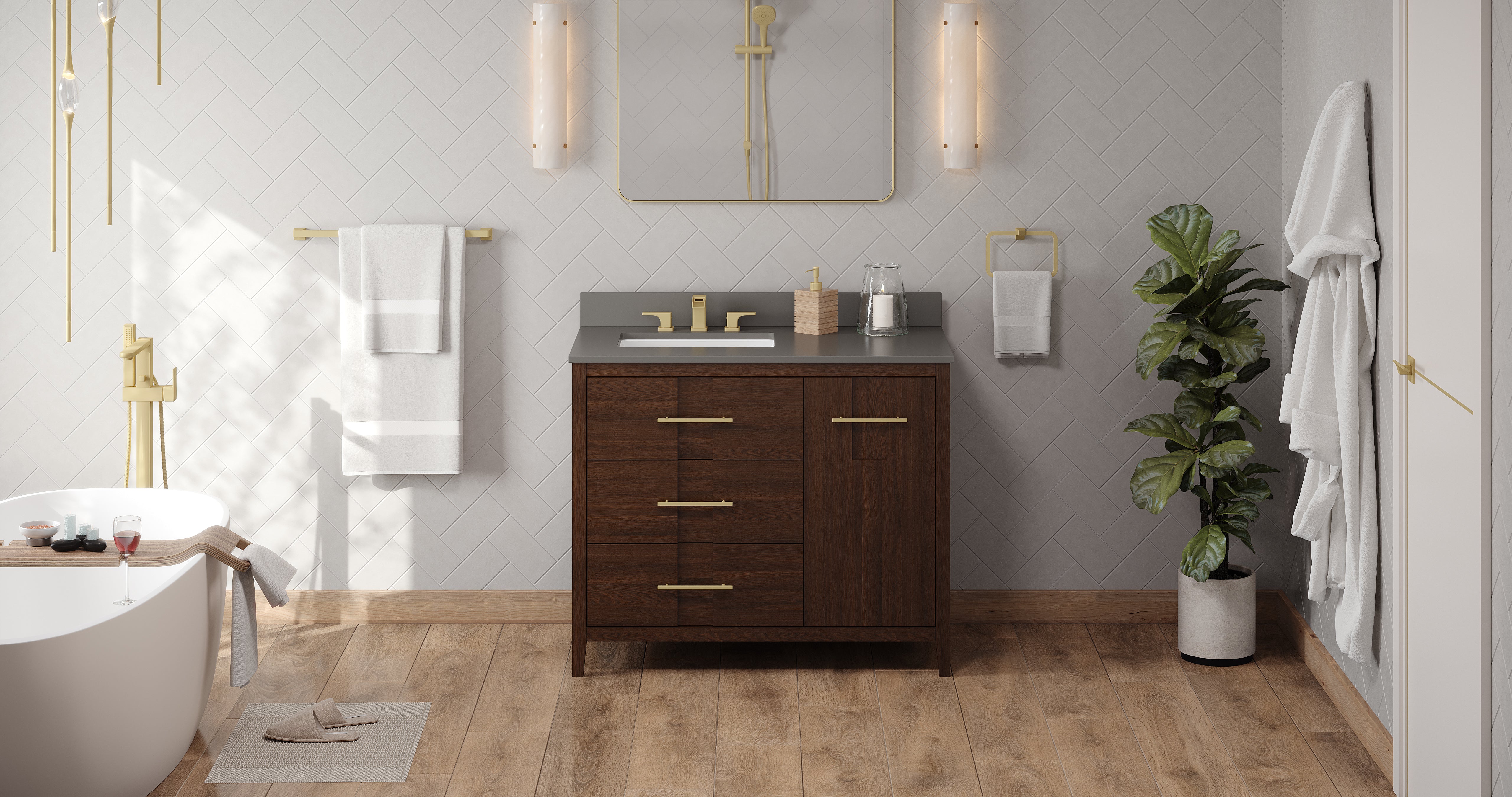 Katara 42" Single Bathroom Vanity Set Dark Walnut, Grey Quartz Vanity Top, Rectangle Bowl | KitchBath