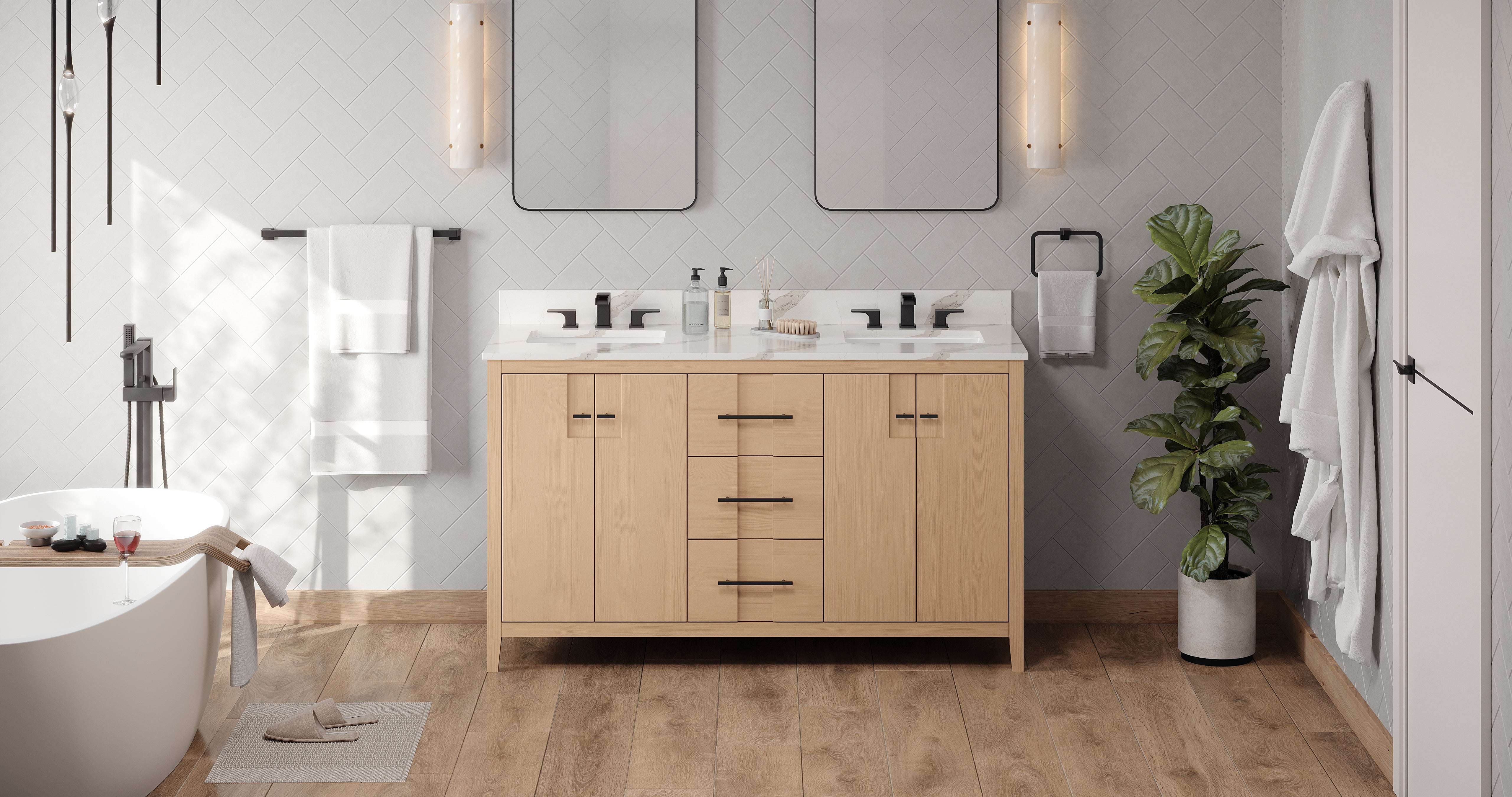 Katara 60" Double Bathroom Vanity Set Natural Oak, Calacatta Vienna Quartz Vanity Top, Rectangle Bowl | KitchBath