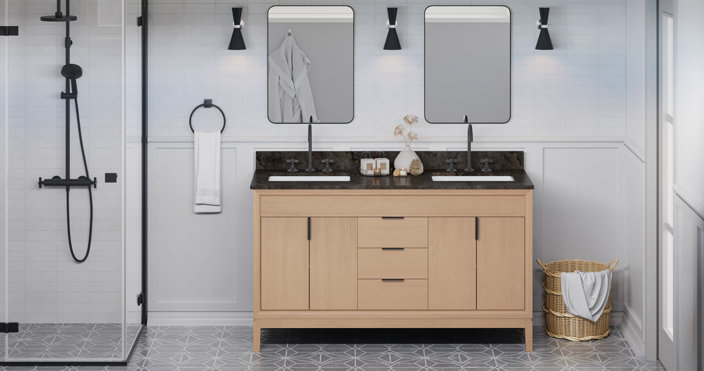 Theodora 60" Double Bathroom Vanity Set Natural Oak, Blue Limestone Vanity Top, Rectangle Bowl | KitchBath