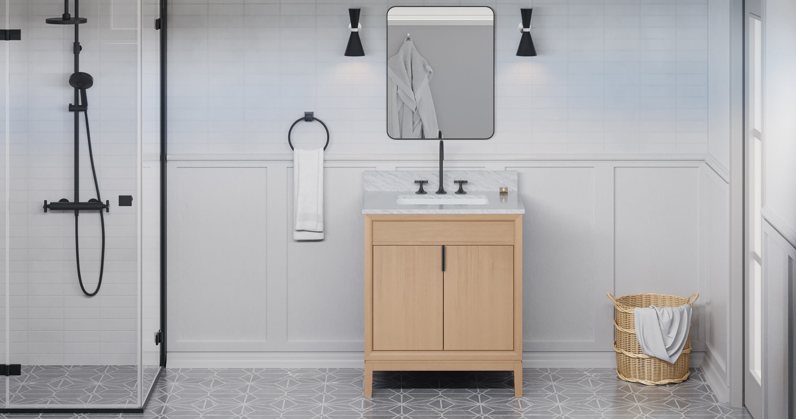 Theodora 30" Single Bathroom Vanity Set Natural Oak, White Carrara Marble Vanity Top, Rectangle Bowl | KitchBath