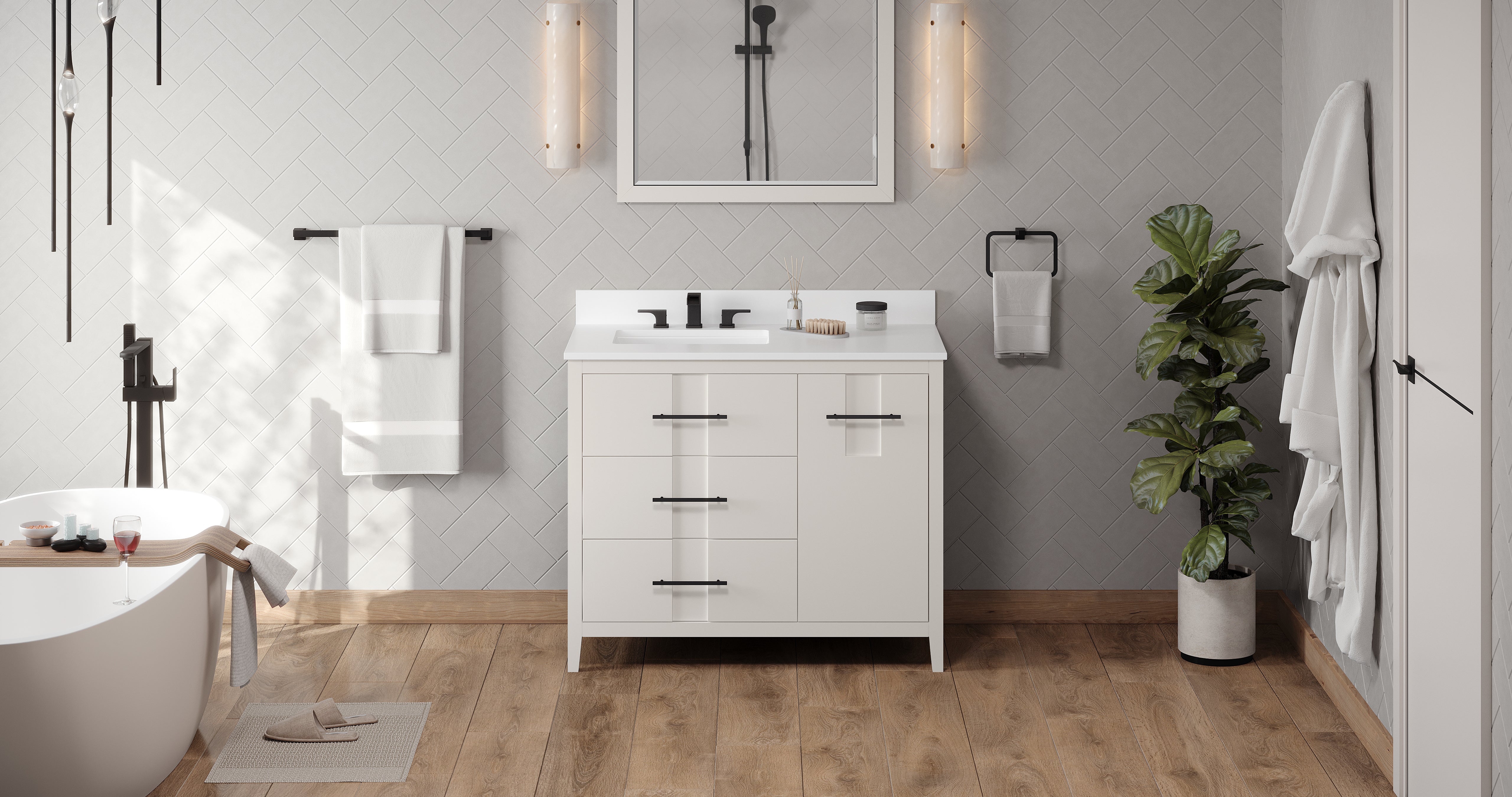 Katara 42" White Katara Vanity, Left Offset, White Quartz Vanity Top, Undermount Rectangle Bowl | KitchBath