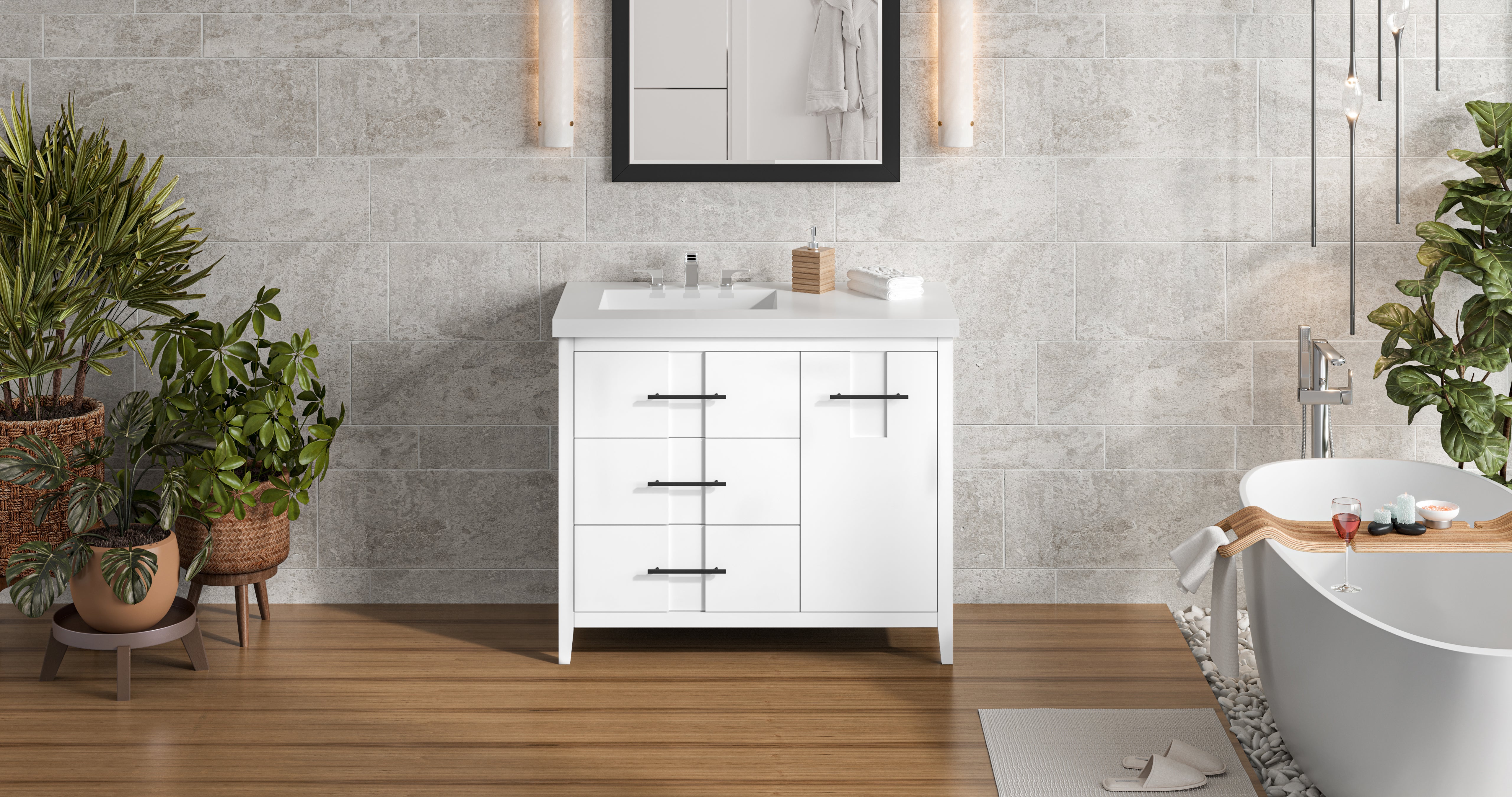 Katara 42" Single Bathroom Vanity Set White, White Resin Vanity Top, Rectangle Bowl | KitchBath