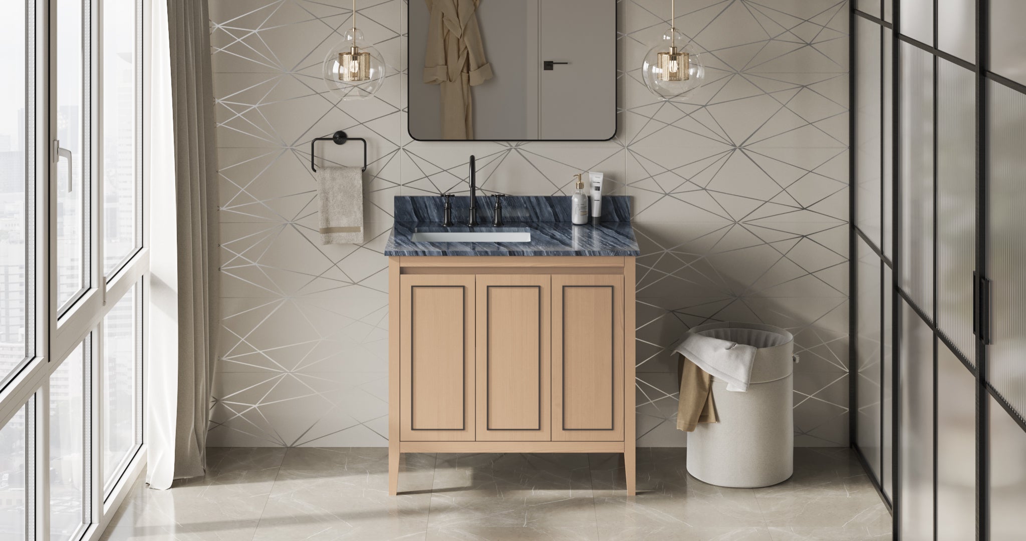 Percival 36" Single Bathroom Vanity Set Natural Oak, Grey Marble Vanity Top, Rectangle Bowl | KitchBath