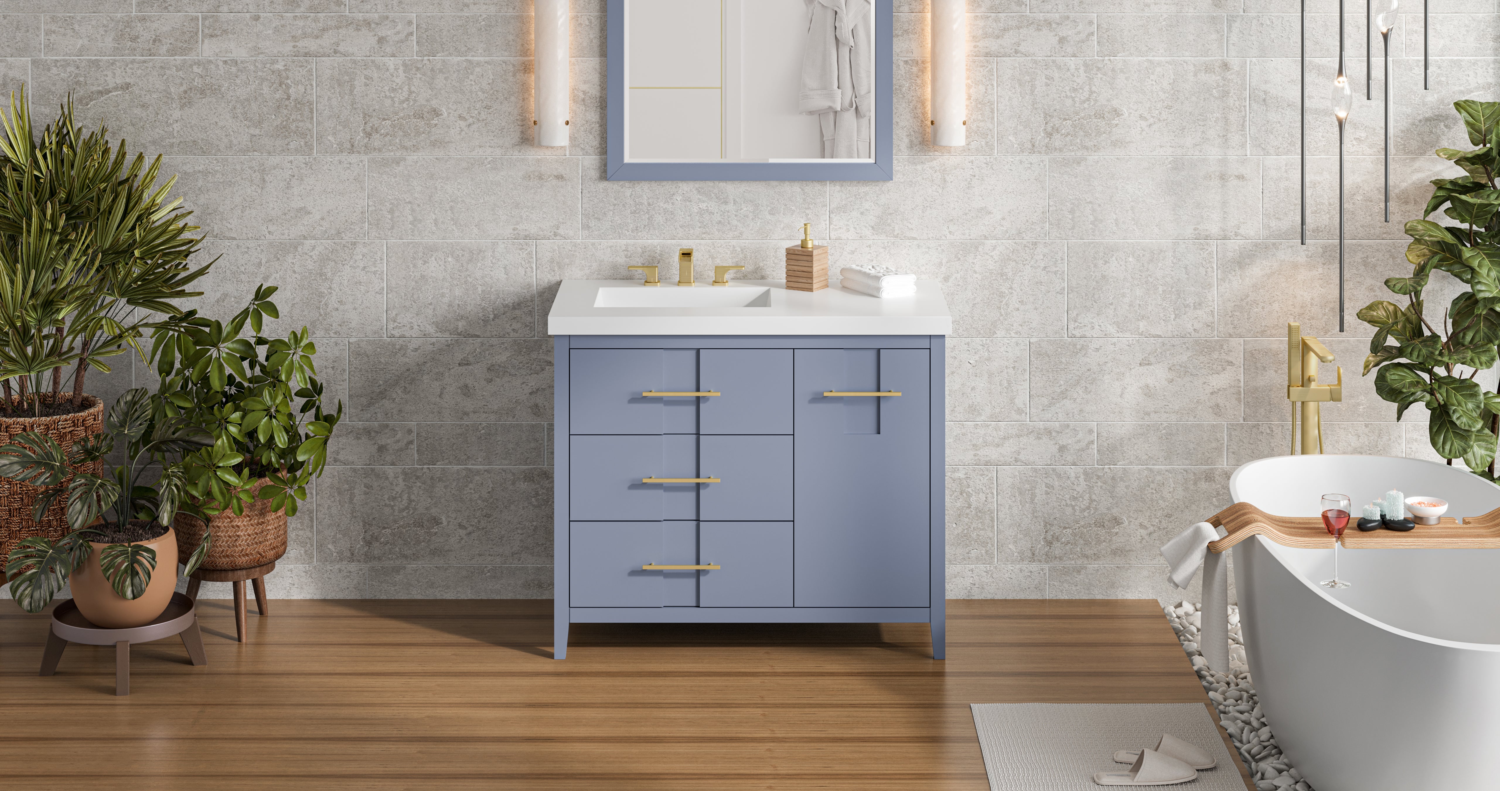 Katara 42" Single Bathroom Vanity Set Blue Steel, White Resin Vanity Top, Rectangle Bowl | KitchBath