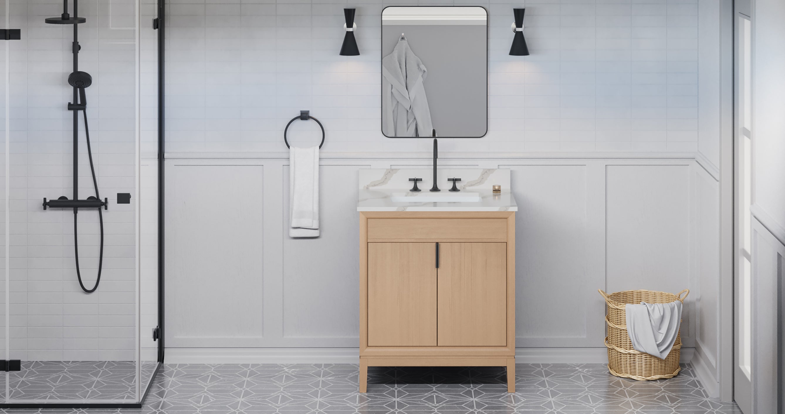 Theodora 30" Single Bathroom Vanity Set Natural Oak, Calacatta Vienna Quartz Vanity Top, Rectangle Bowl | KitchBath