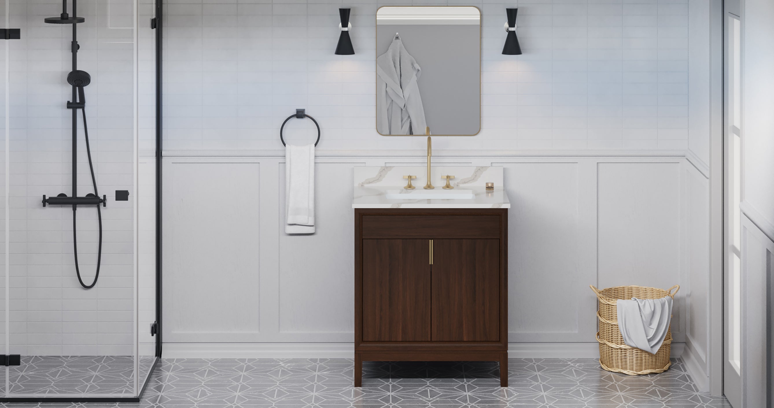 Theodora 30" Single Bathroom Vanity Set Dark Walnut, Calacatta Vienna Quartz Vanity Top, Rectangle Bowl | KitchBath