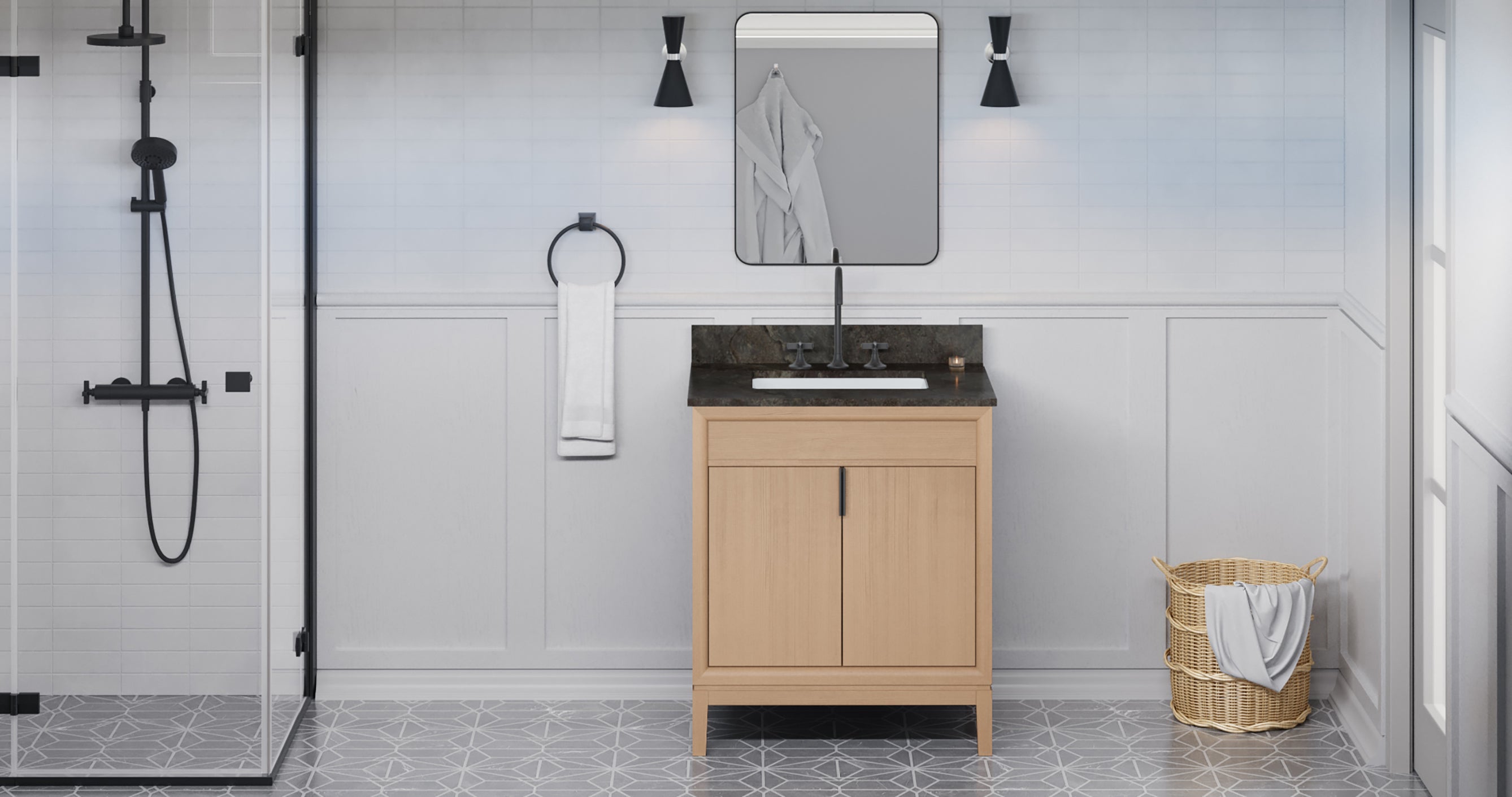 Theodora 30" Single Bathroom Vanity Set Natural Oak, Blue Limestone Vanity Top, Rectangle Bowl | KitchBath