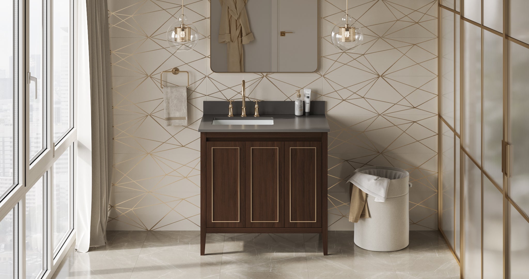 Percival 36" Single Bathroom Vanity Set Dark Walnut, Grey Quartz Vanity Top, Rectangle Bowl | KitchBath