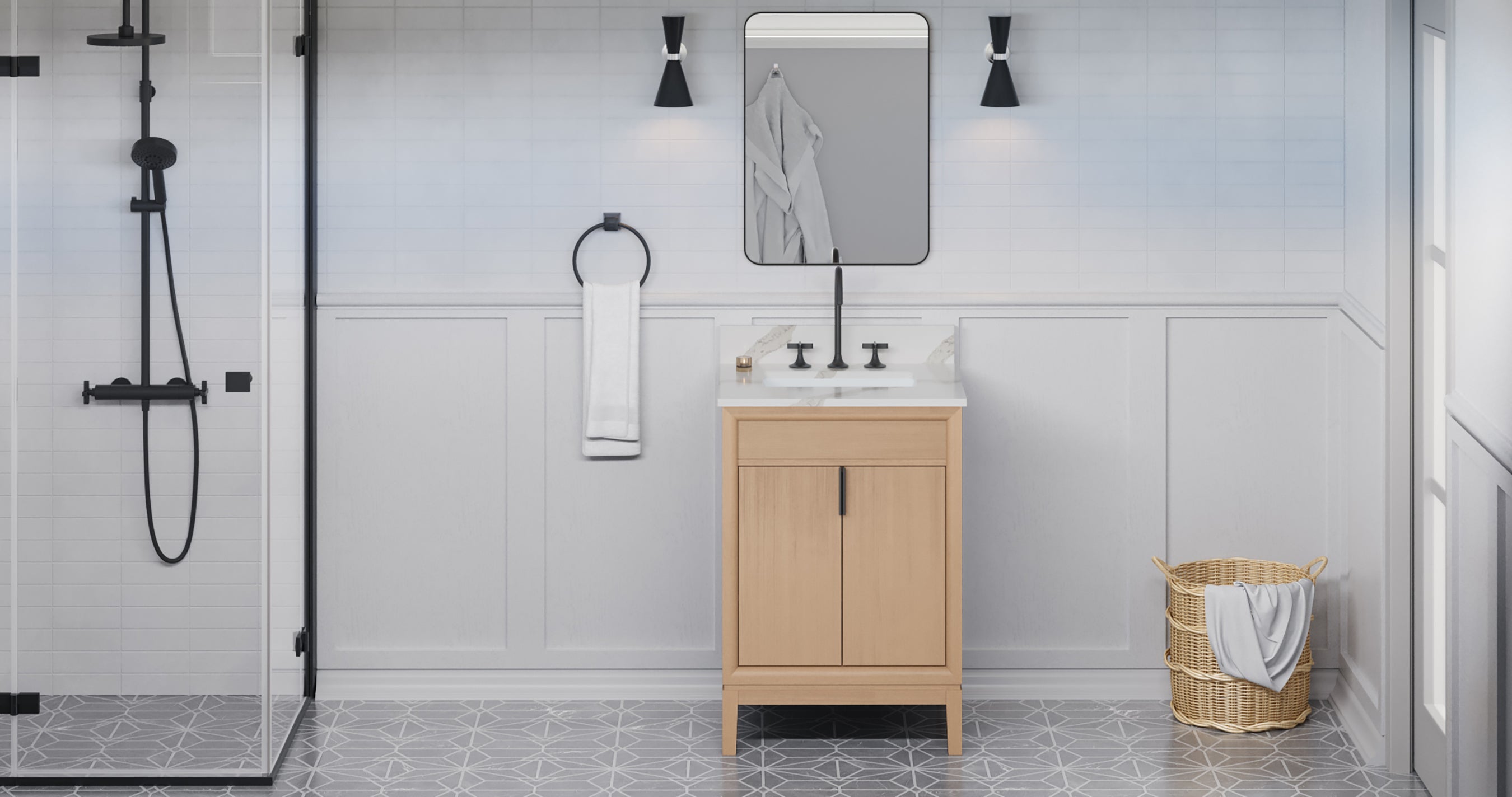Theodora 24" Single Bathroom Vanity Set Natural Oak, Calacatta Vienna Quartz Vanity Top, Rectangle Bowl | KitchBath