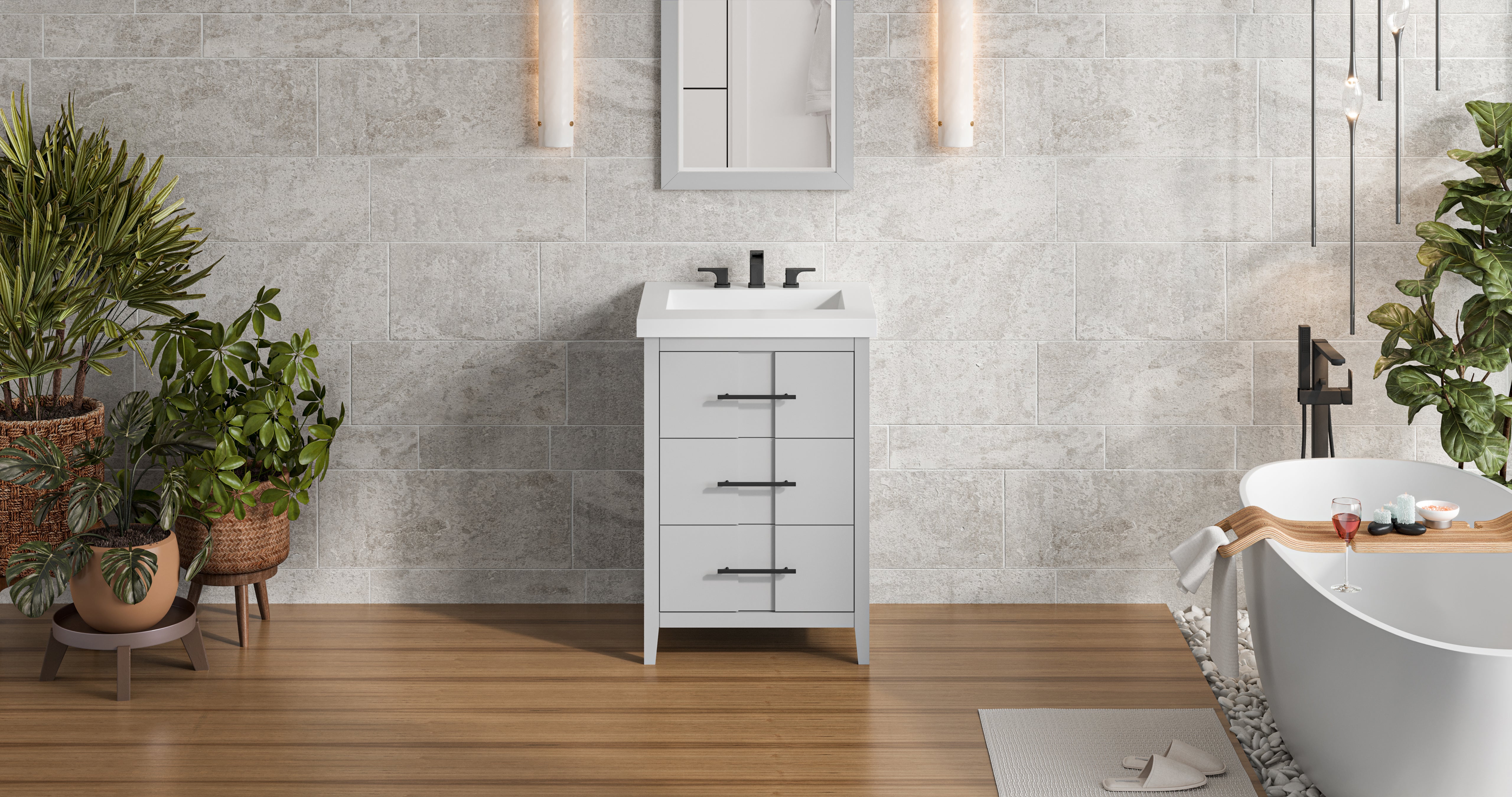 Katara 24" Single Bathroom Vanity Set Grey, White Resin Vanity Top, Rectangle Bowl | KitchBath