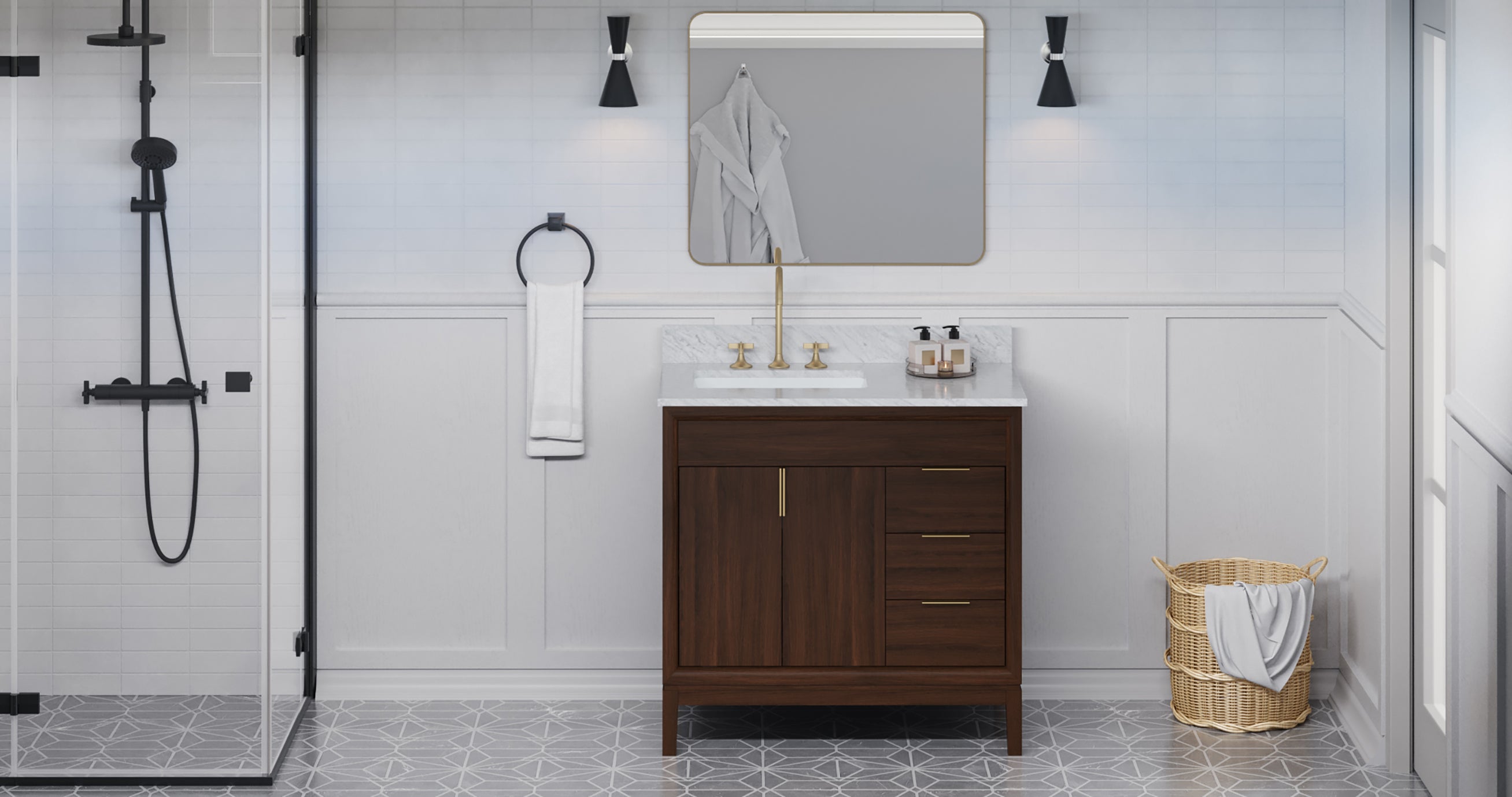 Theodora 36" Single Bathroom Vanity Set Dark Walnut, White Carrara Marble Vanity Top, Rectangle Bowl | KitchBath
