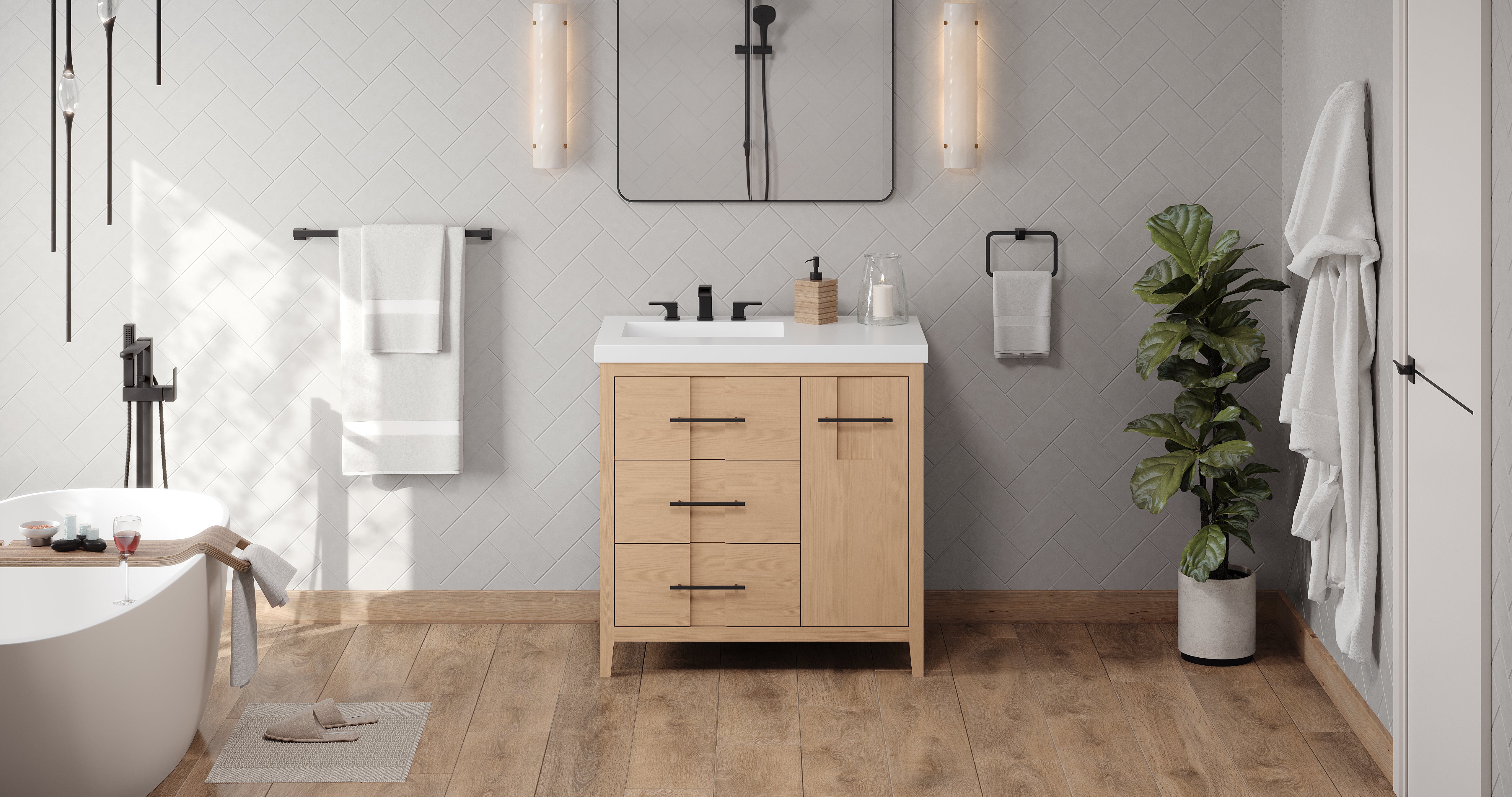 Katara 36" Single Bathroom Vanity Set Natural Oak, White Resin Vanity Top, Rectangle Bowl | KitchBath