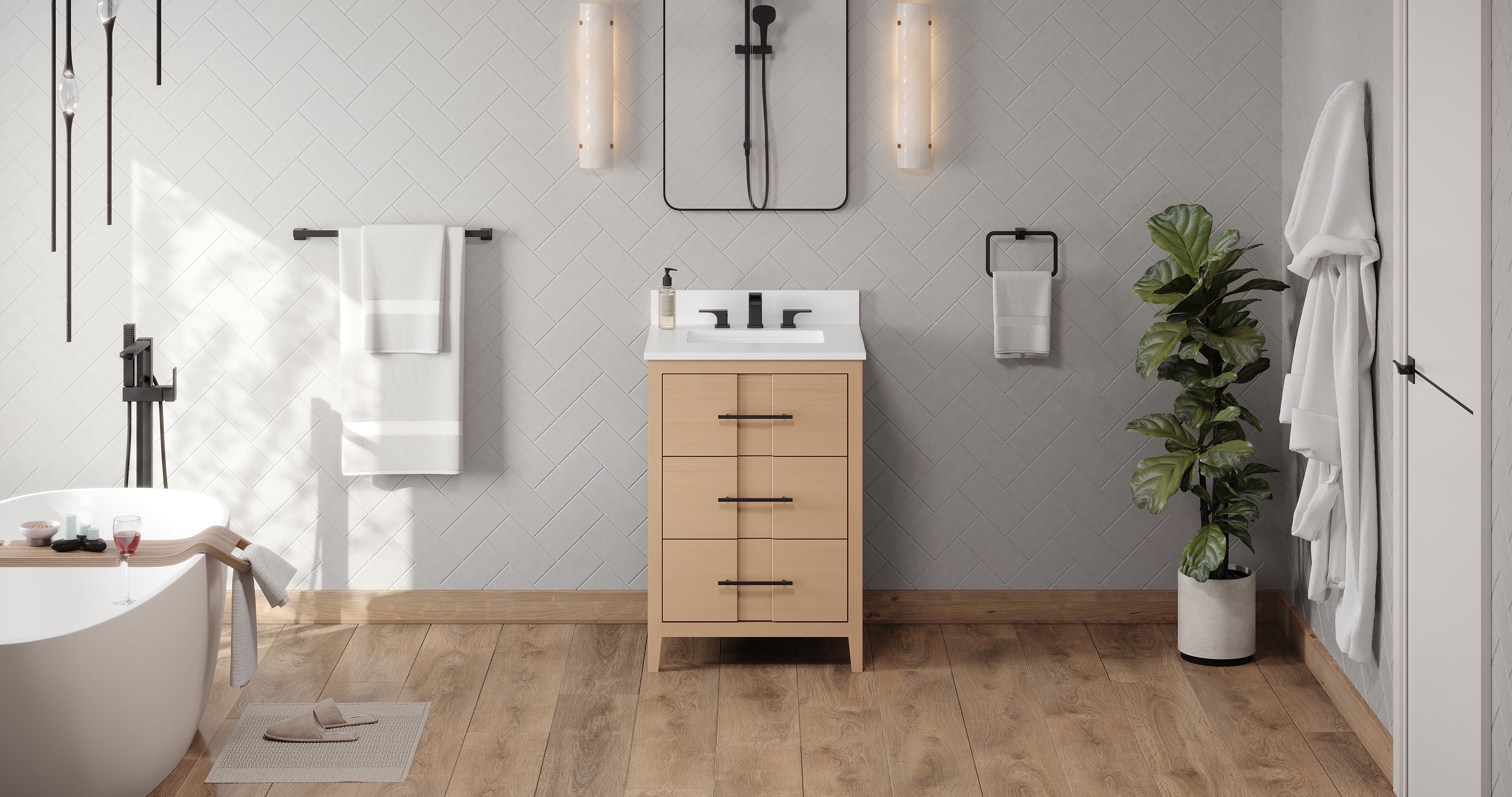 Katara 24" Single Bathroom Vanity Set Natural Oak, White Quartz Vanity Top, Rectangle Sink | KitchBath