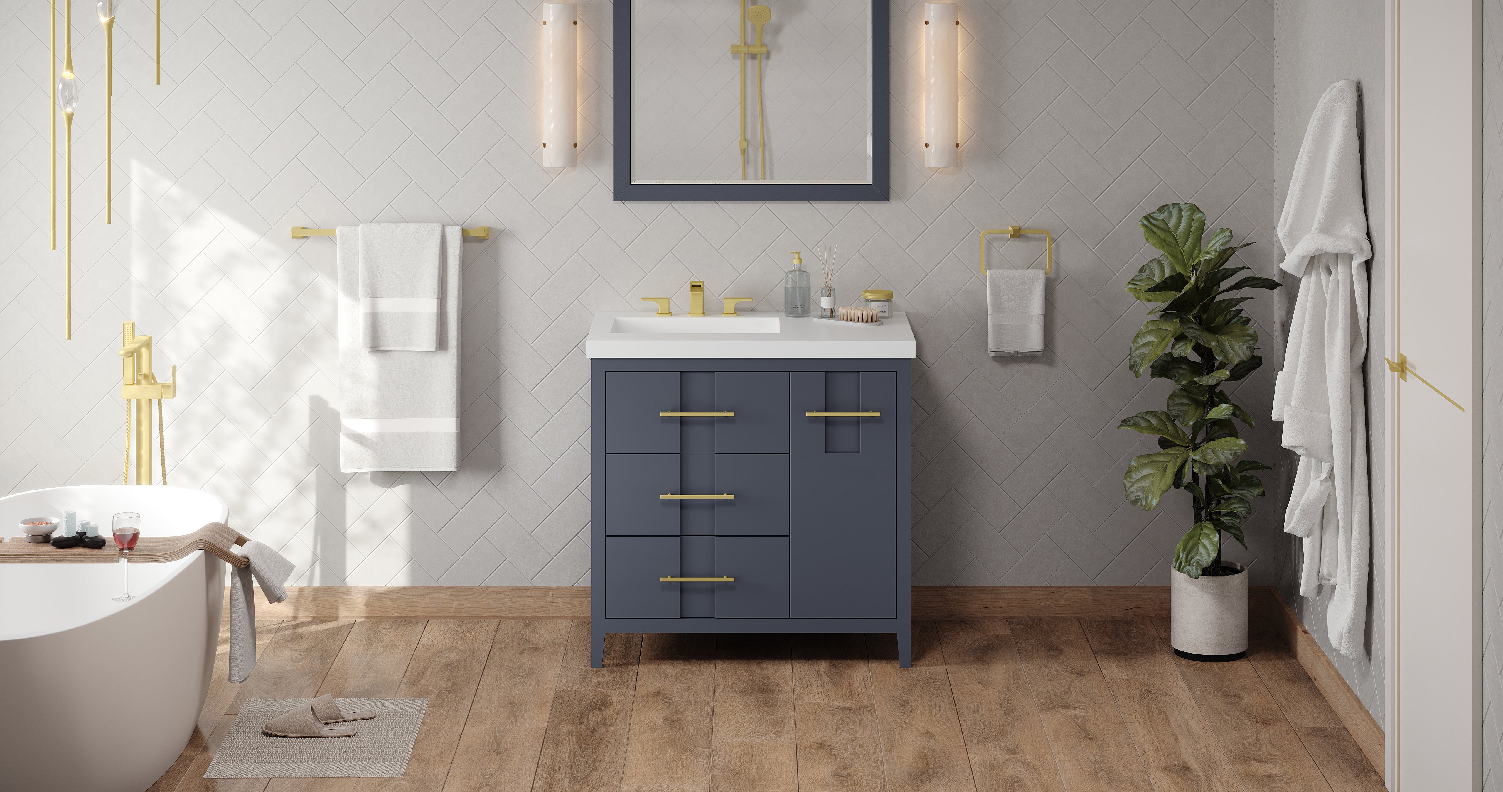 Katara 36" Single Bathroom Vanity Set Blue Steel, White Resin Vanity Top, Rectangle Bowl | KitchBath