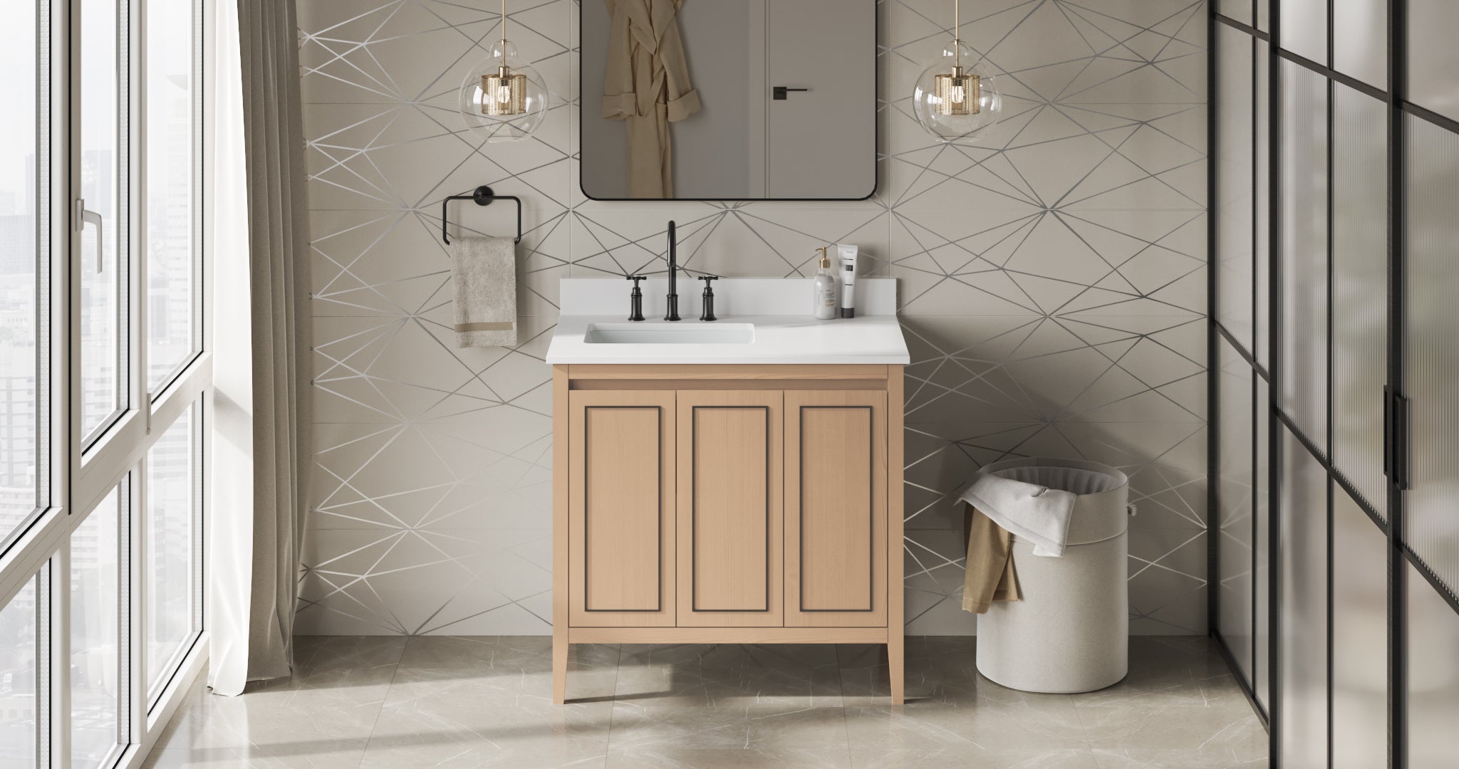 Percival 36" Single Bathroom Vanity Set Natural Oak, White Quartz Vanity Top, Rectangle Bowl | KitchBath
