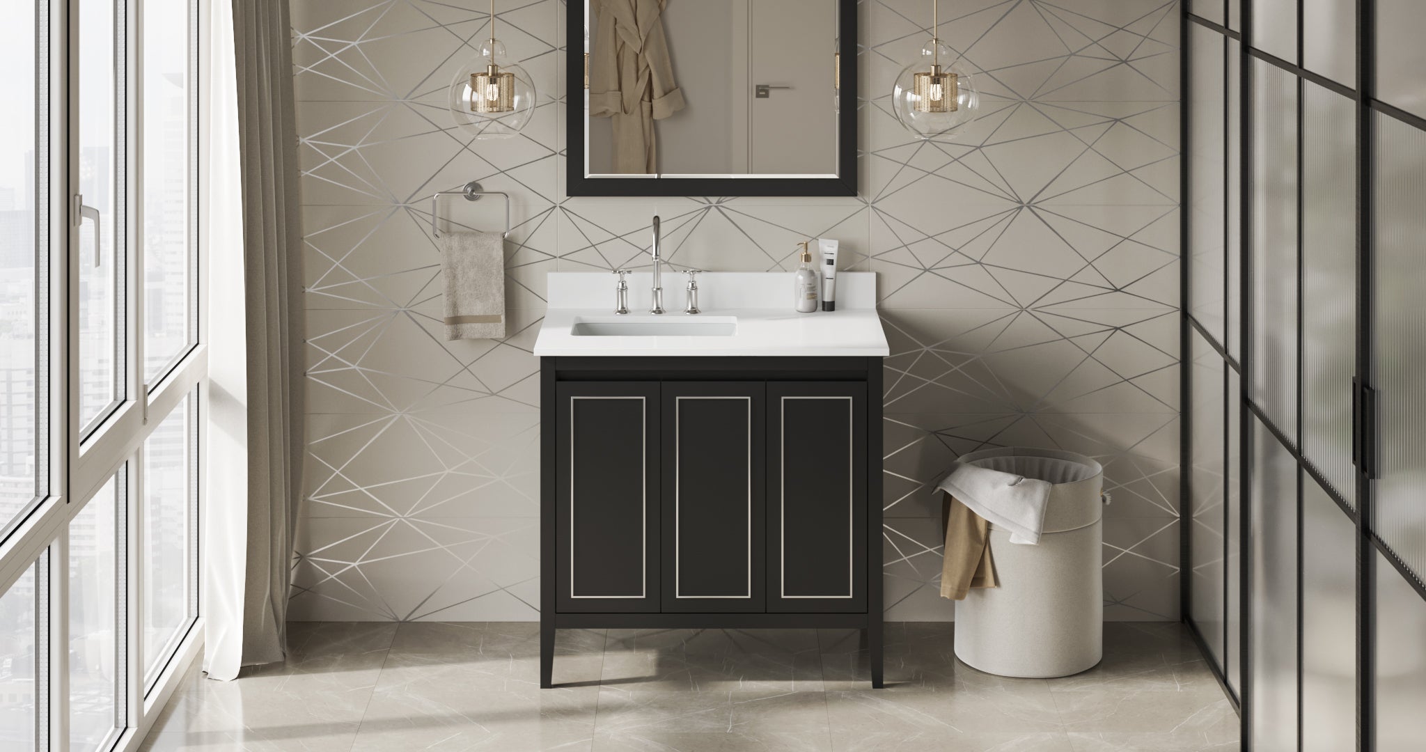Percival 36" Black Percival Vanity, Left Offset, White Quartz Vanity Top, Undermount Rectangle Bowl | KitchBath