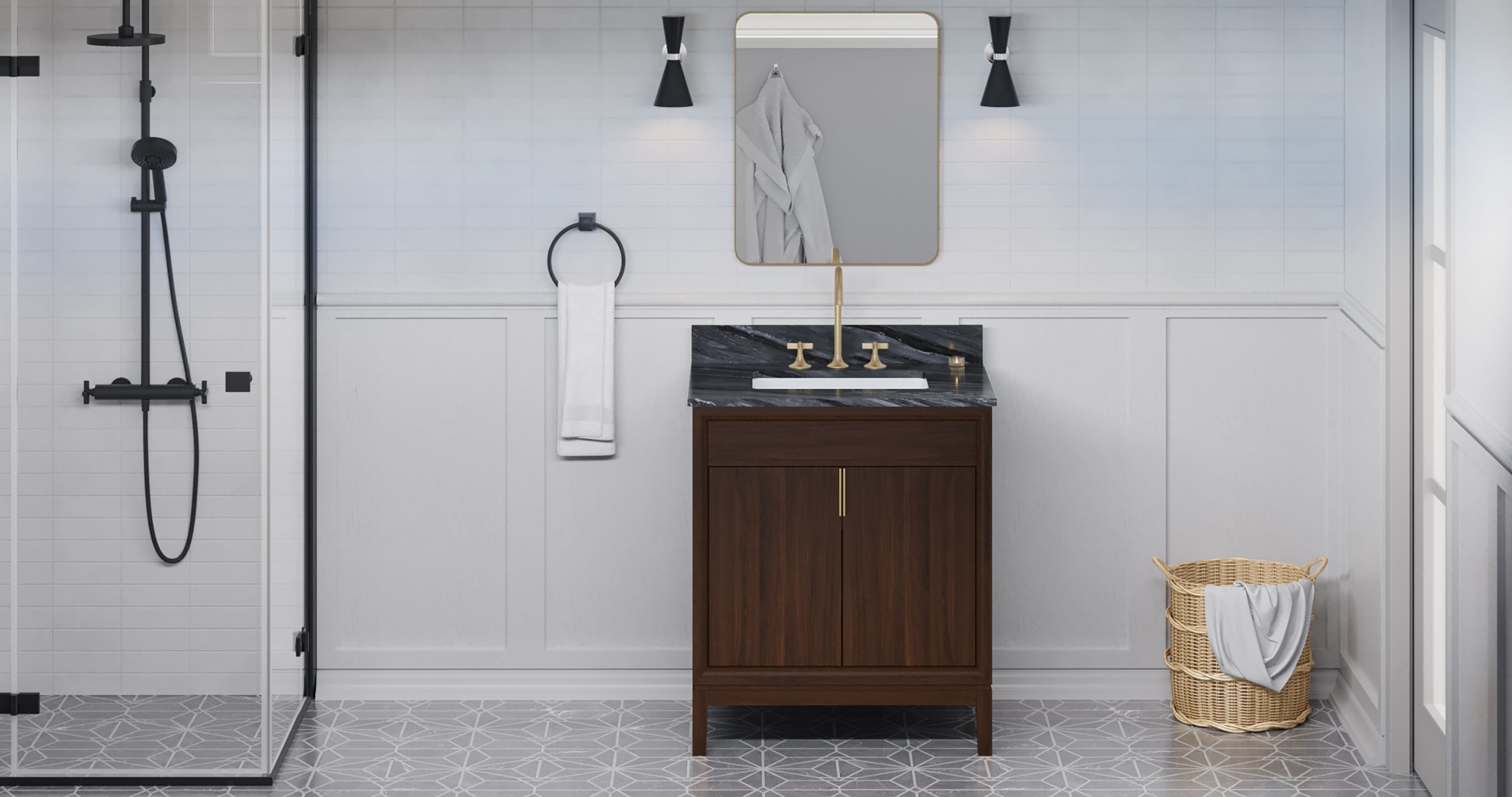 Theodora 30" Single Bathroom Vanity Set Dark Walnut, Grey Marble Vanity Top, Rectangle Bowl | KitchBath