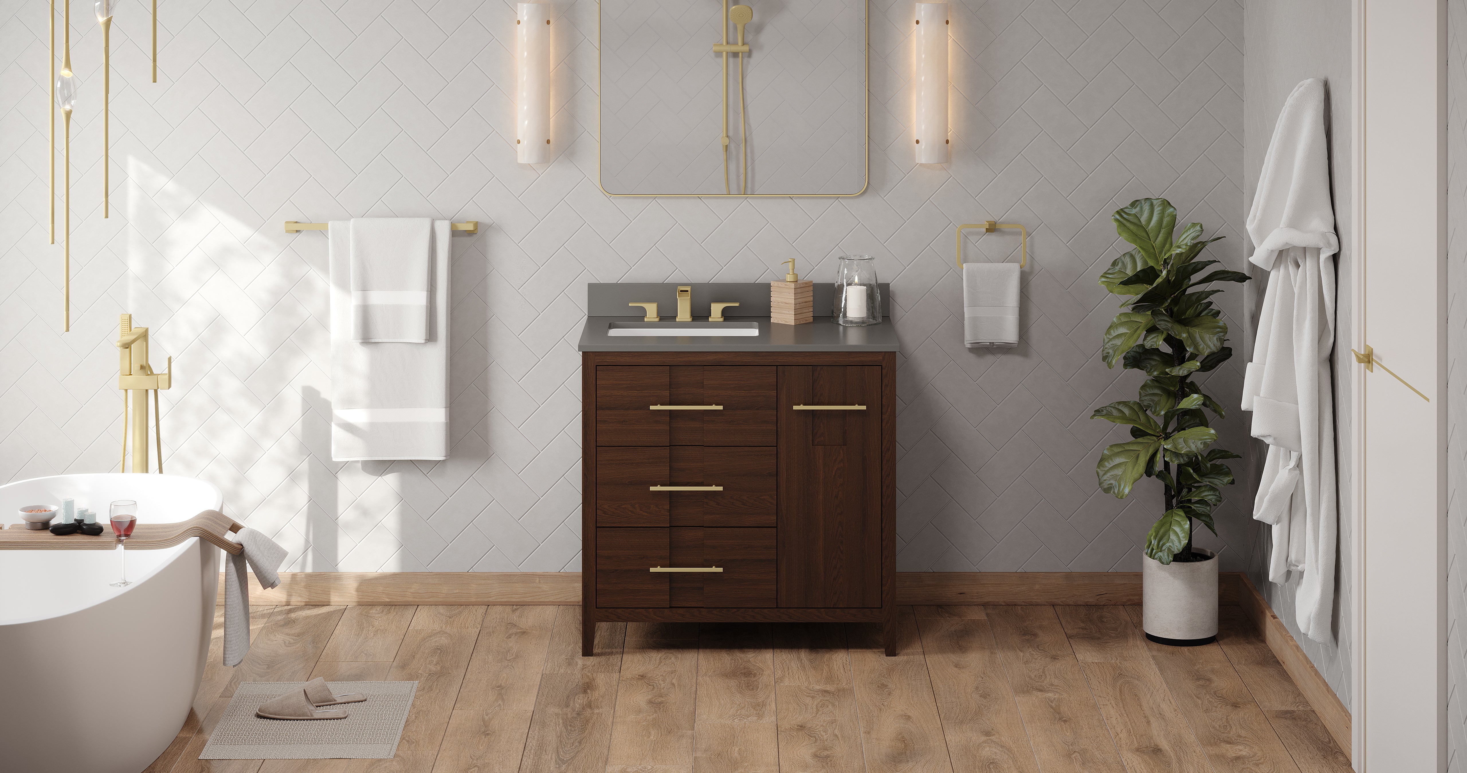 Katara 36" Single Bathroom Vanity Set Dark Walnut, Grey Quartz Vanity Top, Rectangle Bowl | KitchBath