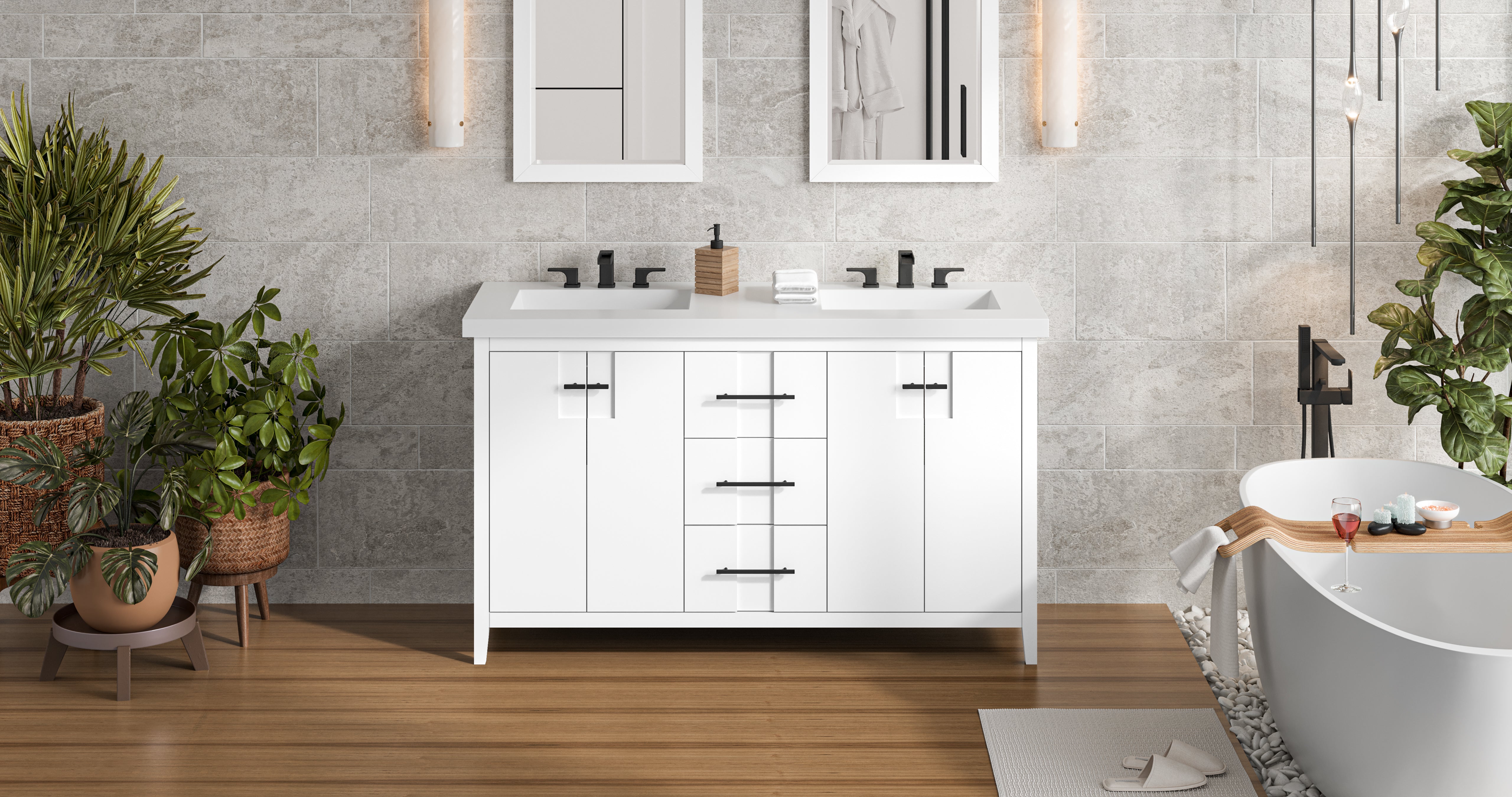 Katara 60" Double Bathroom Vanity Set White, White Resin Vanity Top, Rectangle Bowl | KitchBath