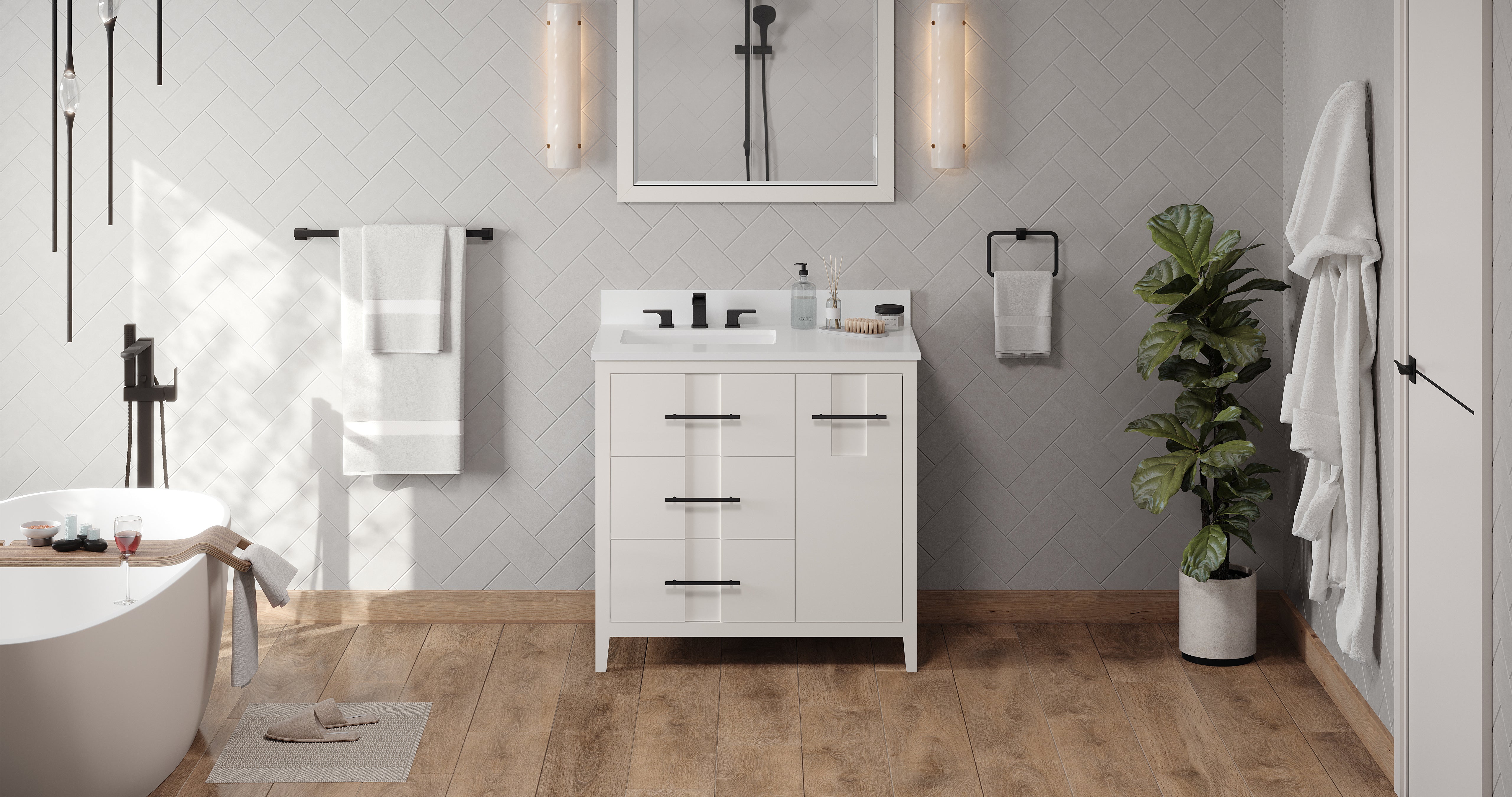 Katara 36" White Katara Vanity, Left Offset, White Quartz Vanity Top, Undermount Rectangle Bowl | KitchBath