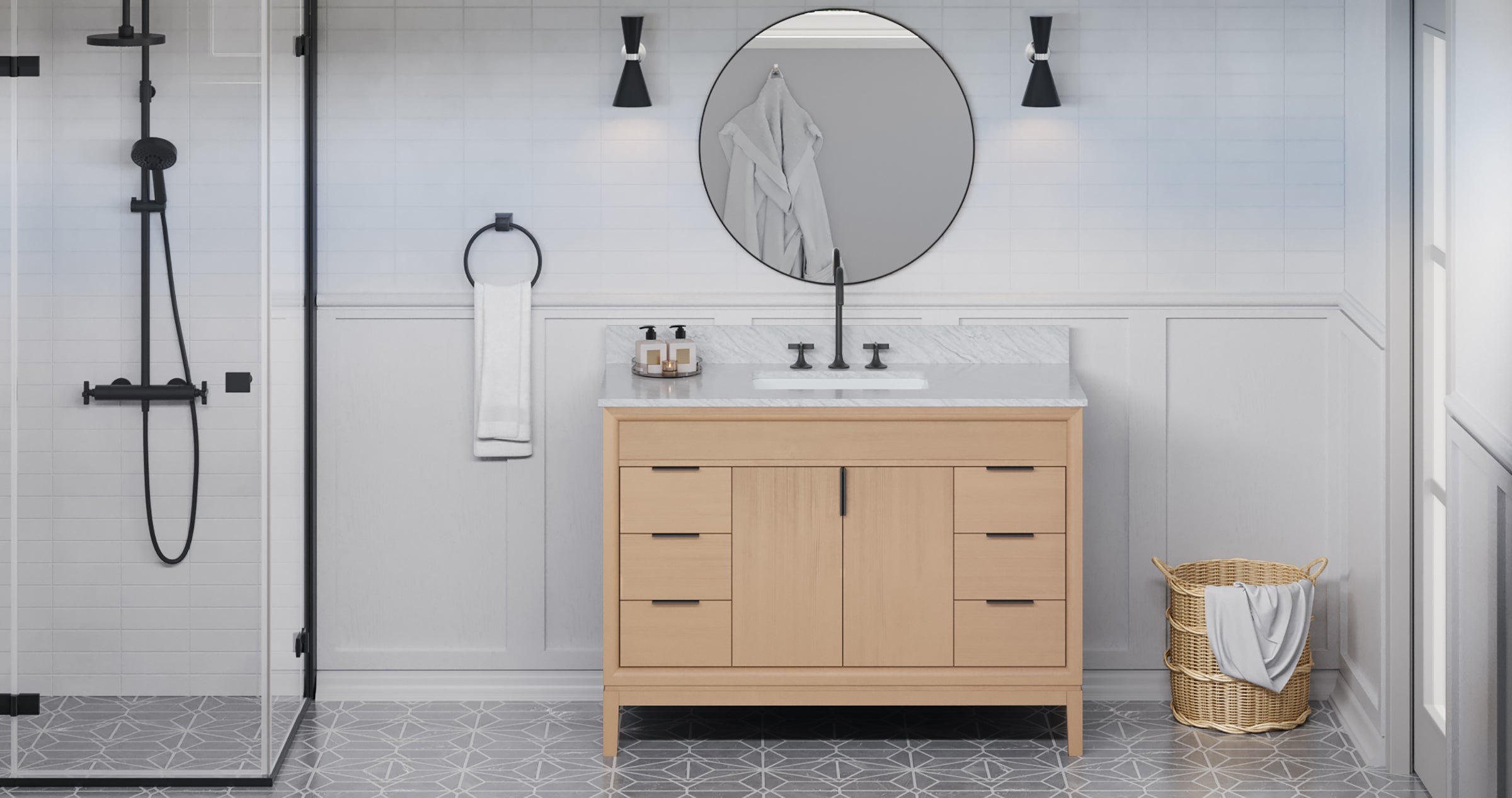 Theodora 48" Single Bathroom Vanity Set Natural Oak, White Carrara Marble Vanity Top, Rectangle Bowl | KitchBath