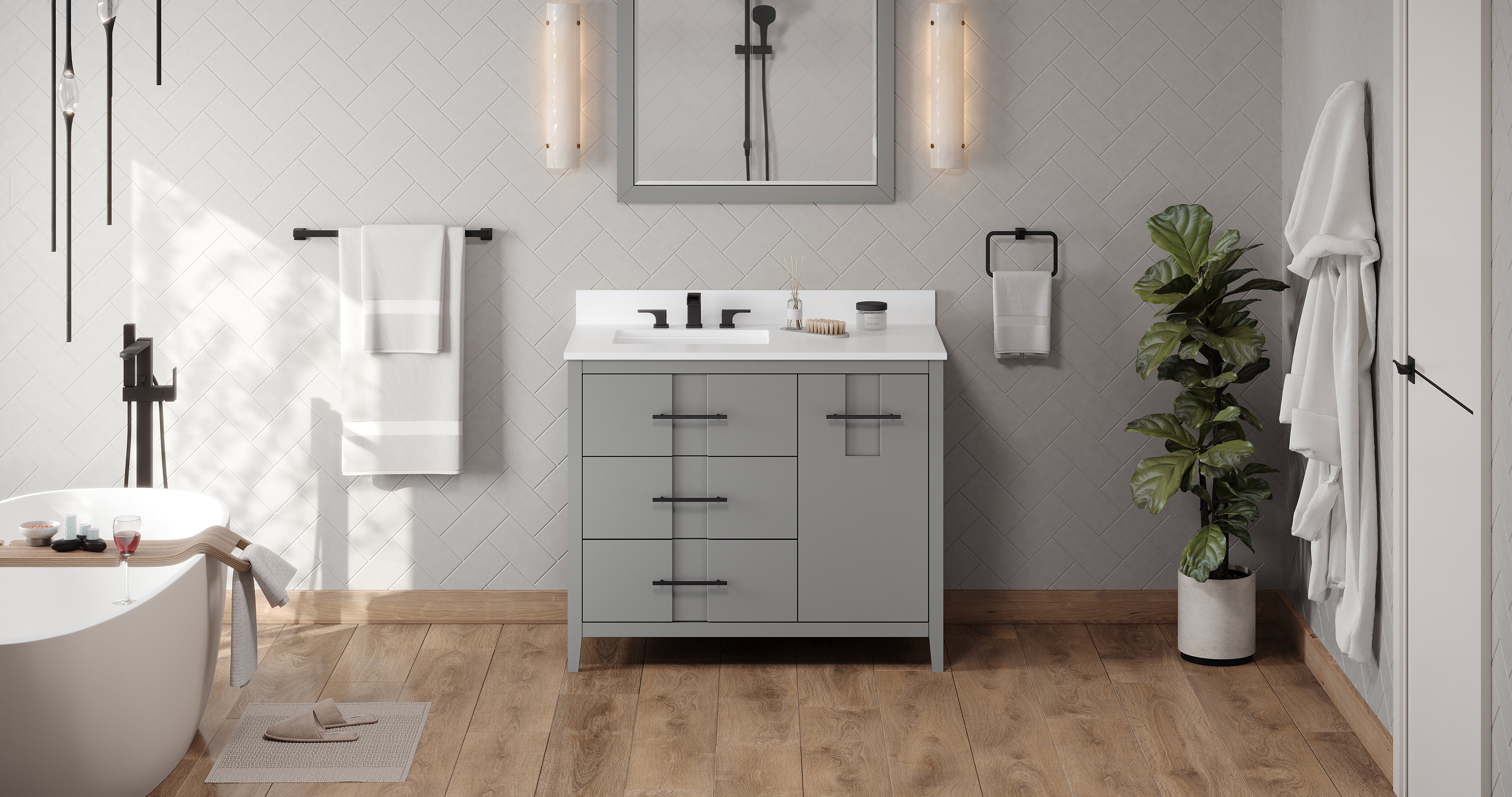 Katara 42" Grey Katara Vanity, Left Offset, White Quartz Vanity Top, Undermount Rectangle Bowl | KitchBath