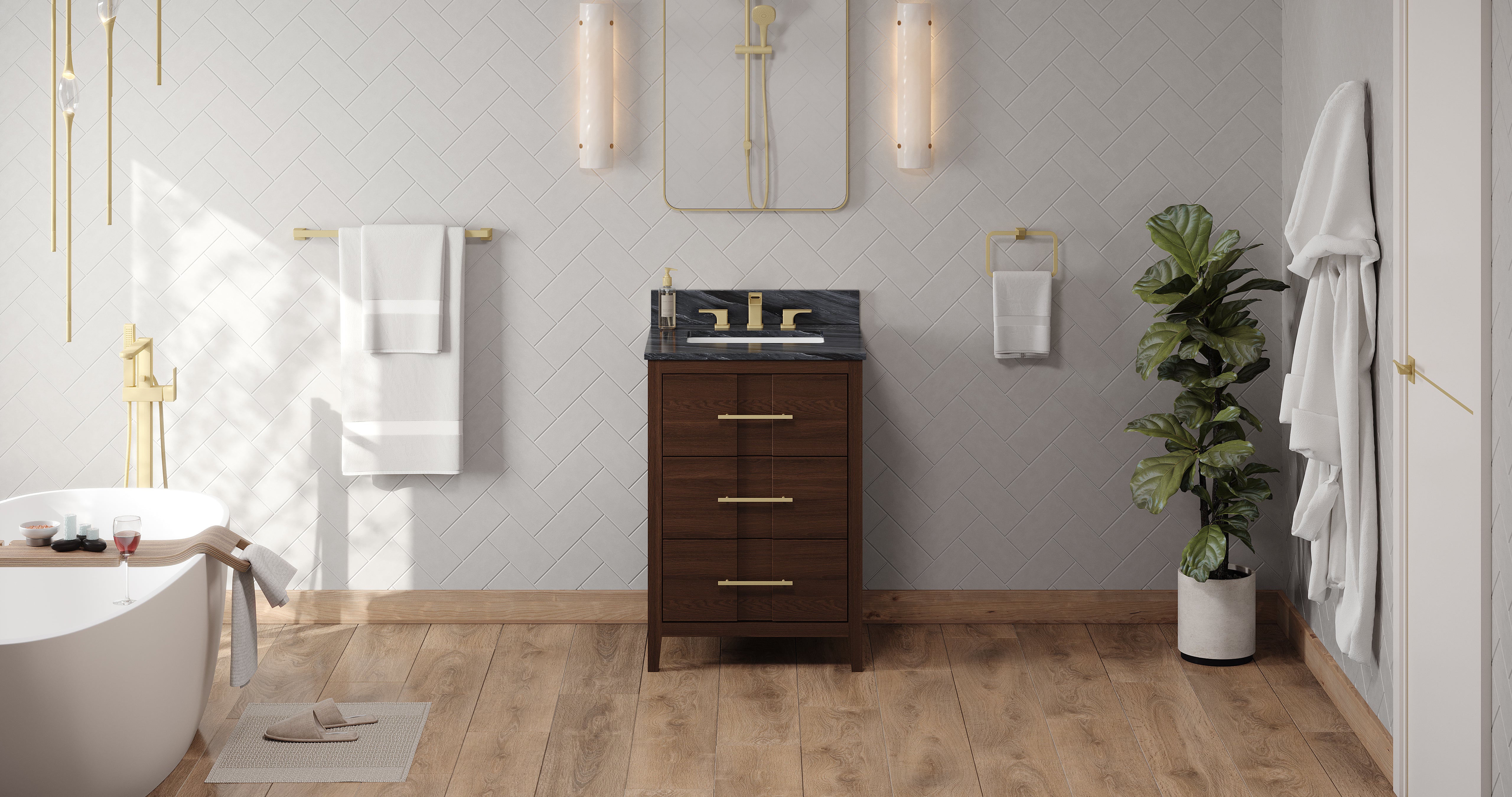 Katara 24" Single Bathroom Vanity Set Dark Walnut, Grey Marble Vanity Top, Rectangle Bowl | KitchBath