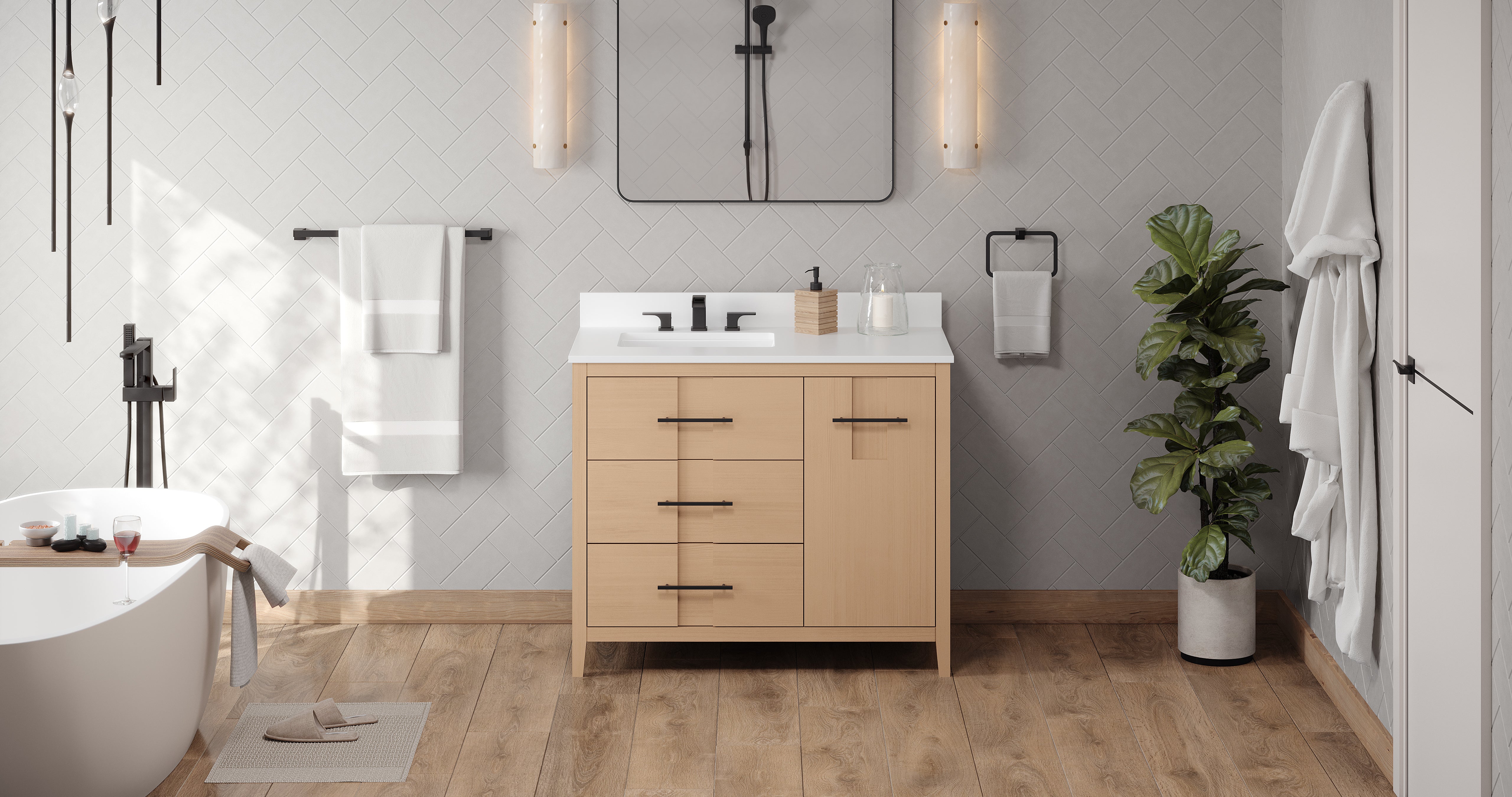 Katara 42" Single Bathroom Vanity Set Natural Oak, White Quartz Vanity Top, Rectangle Bowl | KitchBath