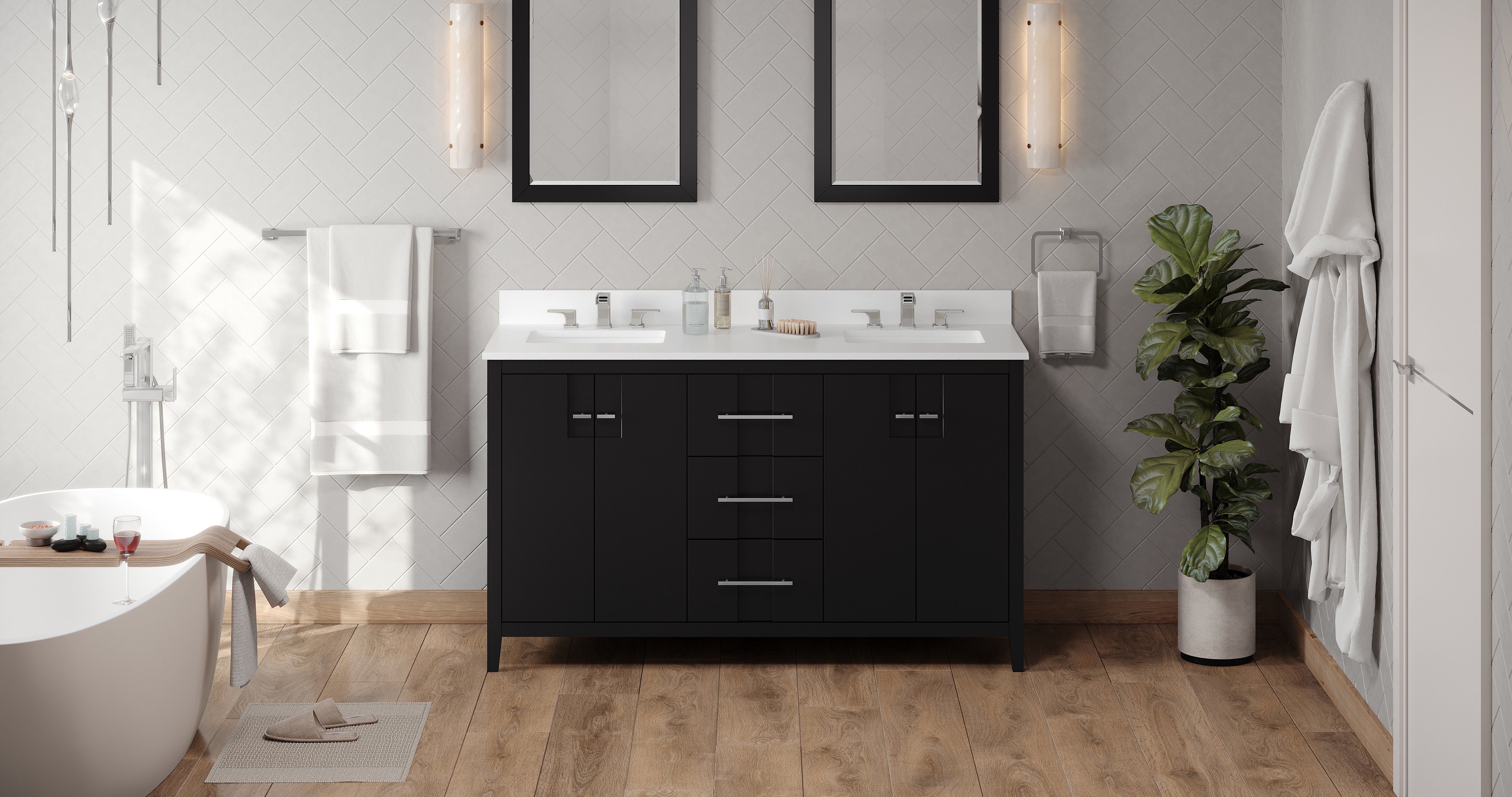 Katara 60" Black Katara Vanity, Double Bowl, White Quartz Vanity Top, Two Undermount Rectangle Bowls | KitchBath