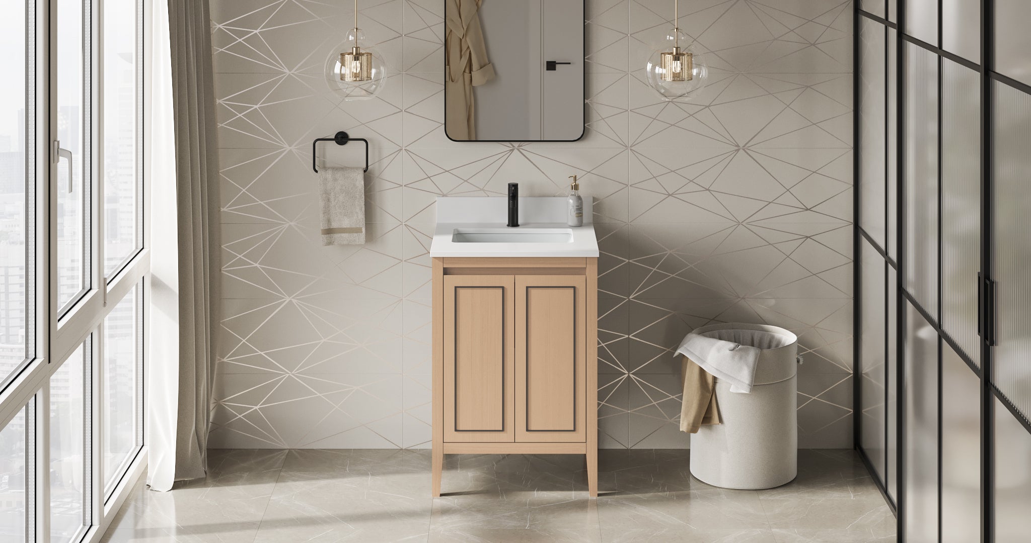 Percival 24" Single Bathroom Vanity Set Natural Oak, White Quartz Vanity Top, Rectangle Sink | KitchBath