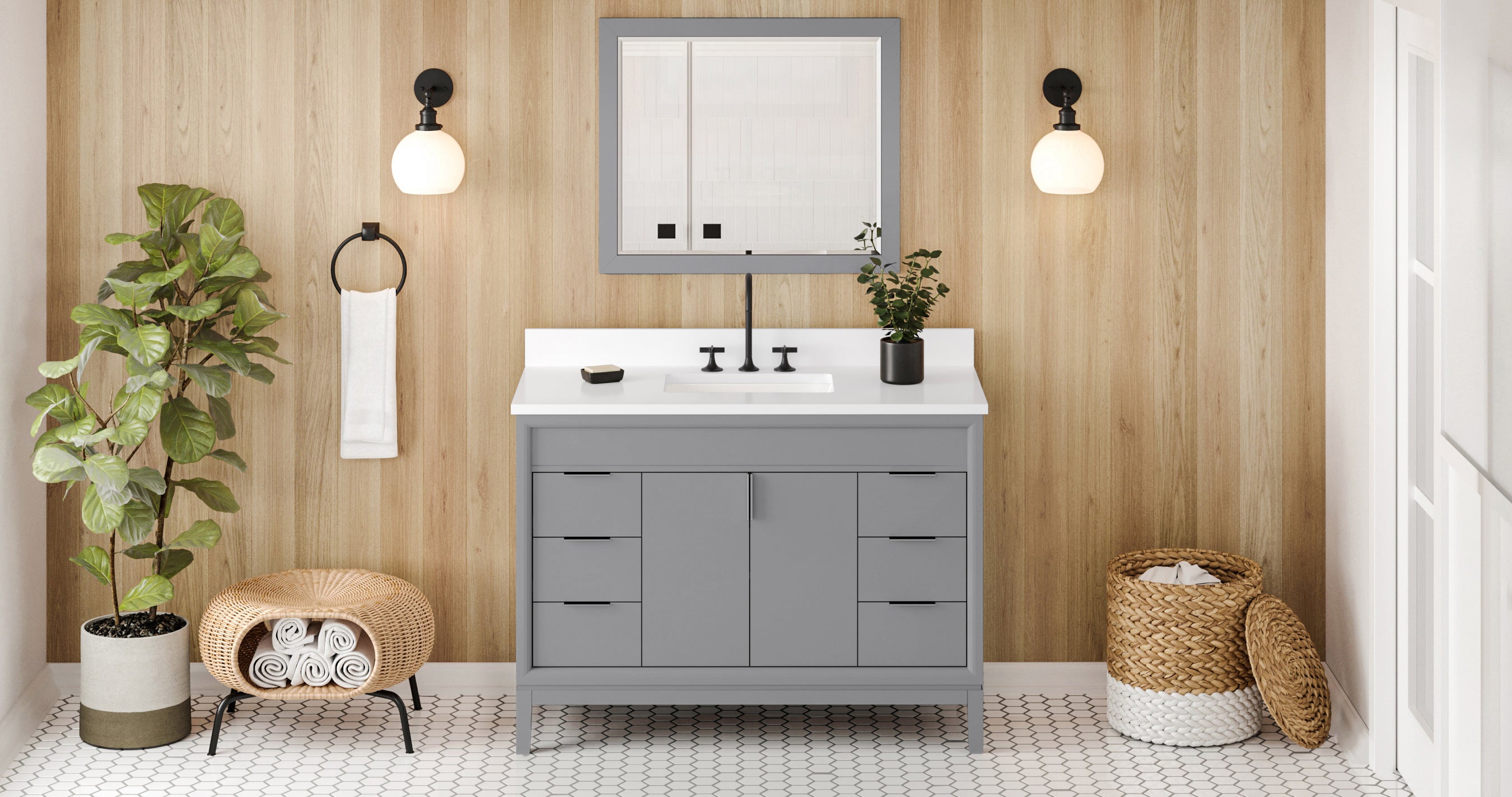 Theodora 48" Grey Theodora Vanity, White Quartz Vanity Top, Undermount Rectangle Bowl | KitchBath