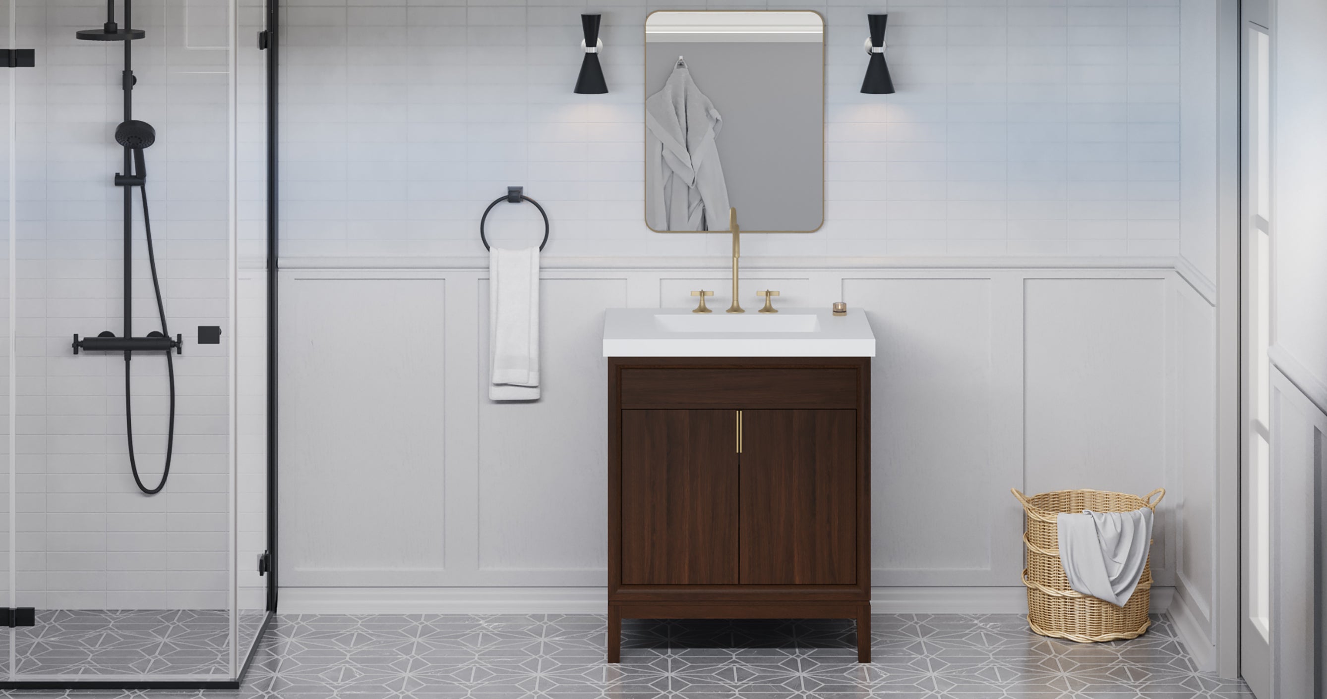 Theodora 30" Single Bathroom Vanity Set Dark Walnut, White Resin Vanity Top, Rectangle Bowl | KitchBath