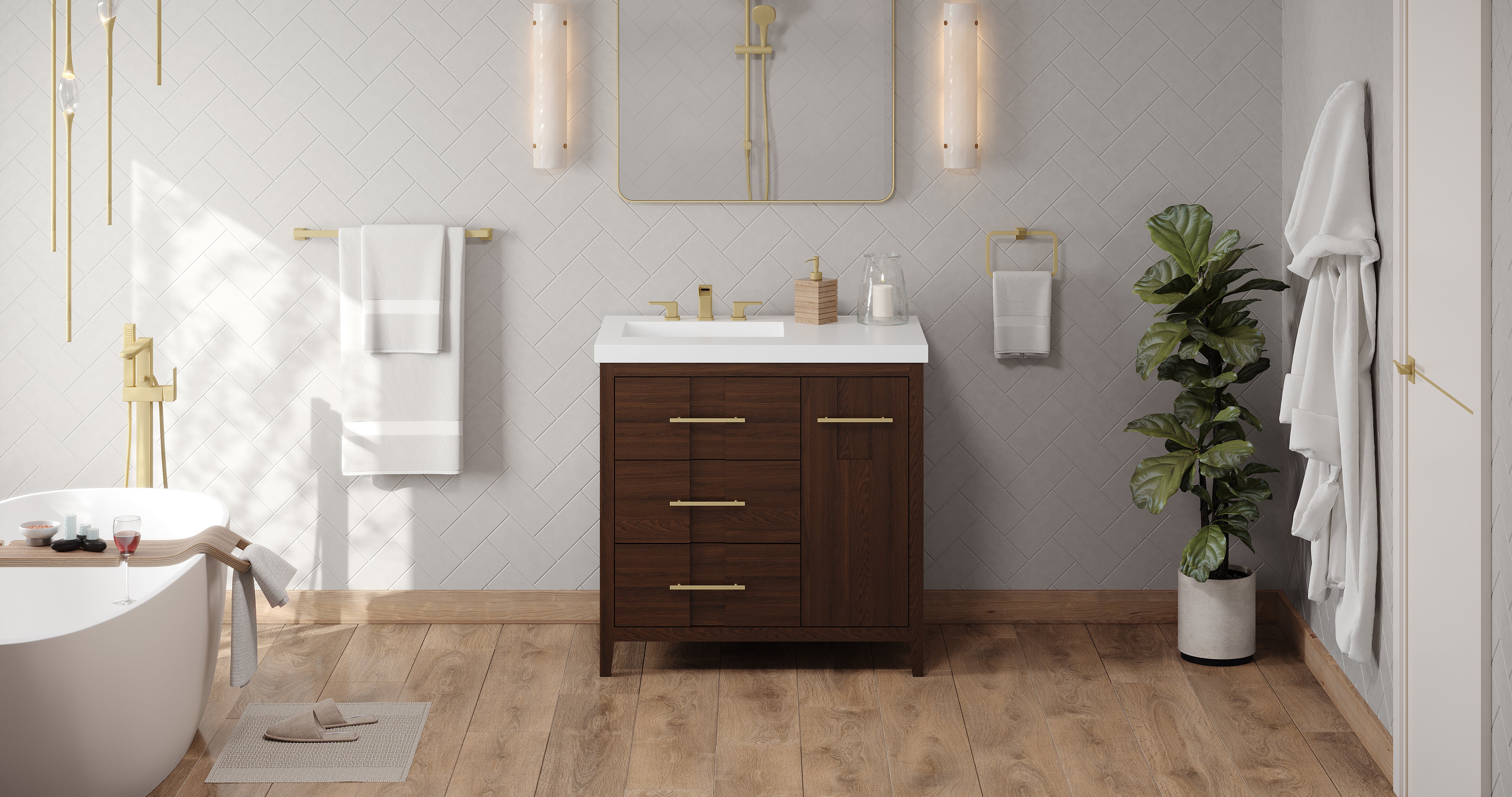 Katara 36" Single Bathroom Vanity Set Dark Walnut, White Resin Vanity Top, Rectangle Bowl | KitchBath