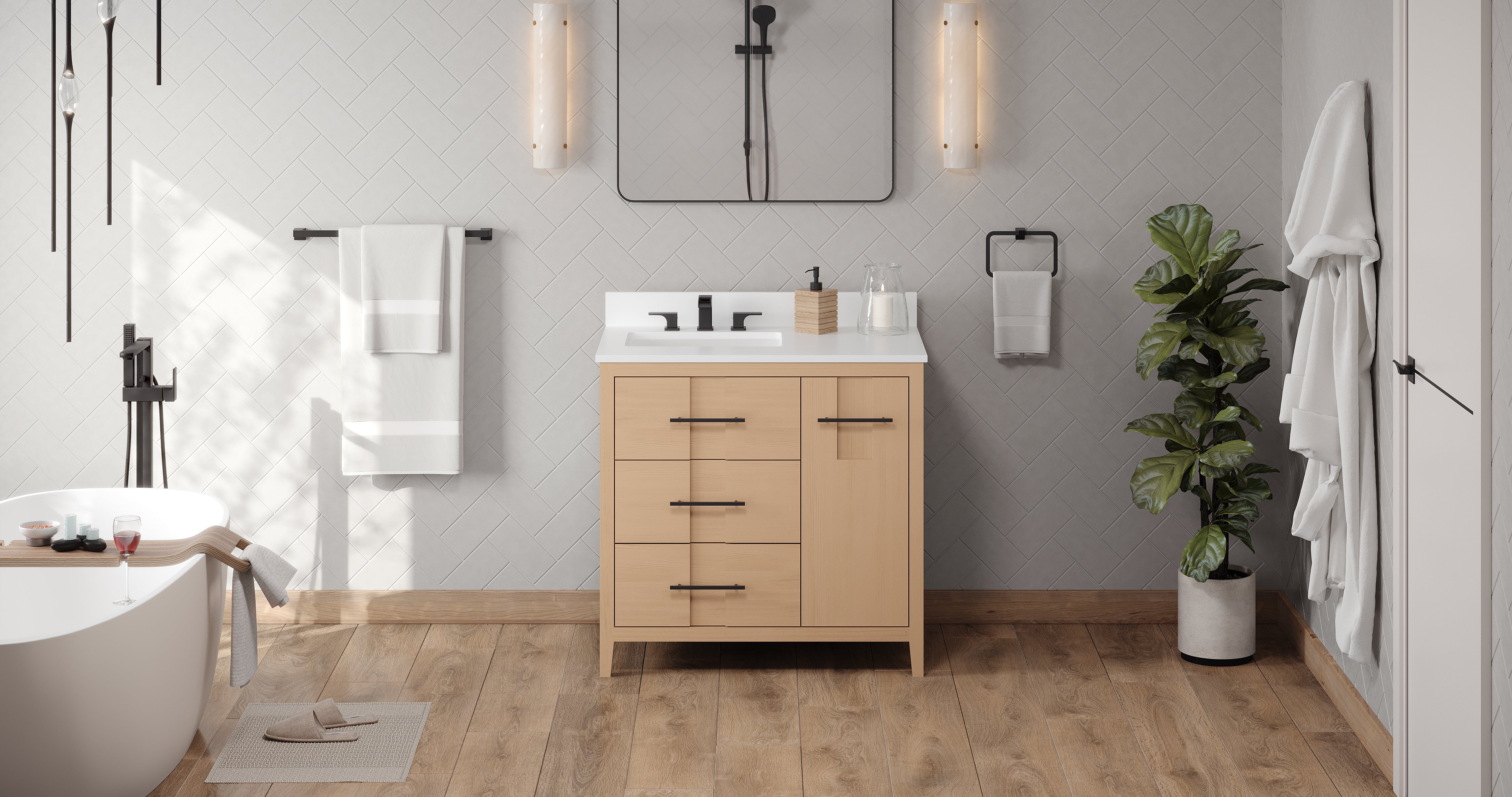 Katara 36" Single Bathroom Vanity Set Natural Oak, White Quartz Vanity Top, Rectangle Bowl | KitchBath
