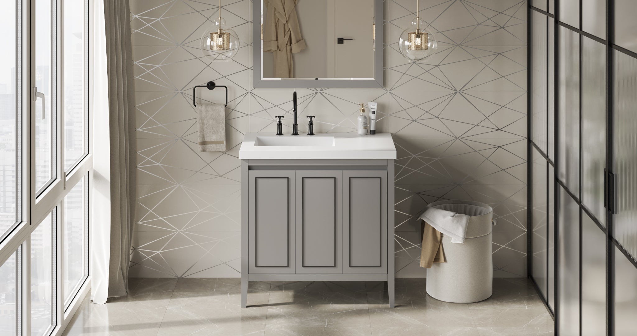 Percival 36" Single Bathroom Vanity Set Grey, White Resin Vanity Top, Rectangle Bowl | KitchBath