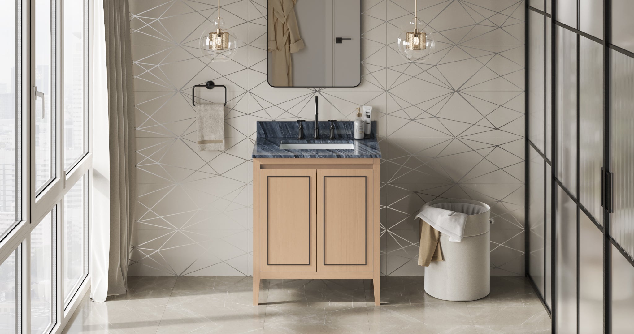 Percival 30" Single Bathroom Vanity Set Natural Oak, Grey Marble Vanity Top, Rectangle Bowl | KitchBath