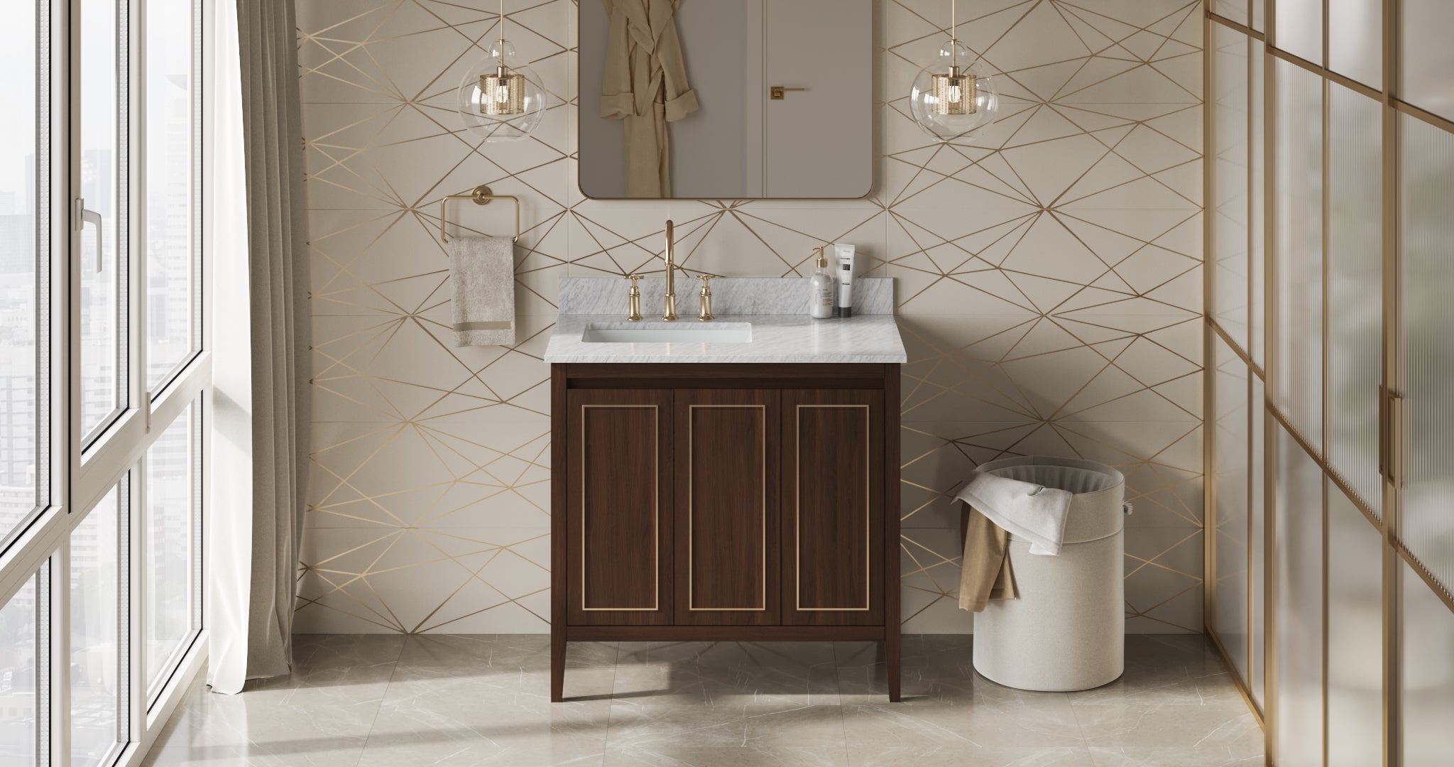 Percival 36" Single Bathroom Vanity Set Dark Walnut, White Carrara Marble Vanity Top, Rectangle Bowl | KitchBath