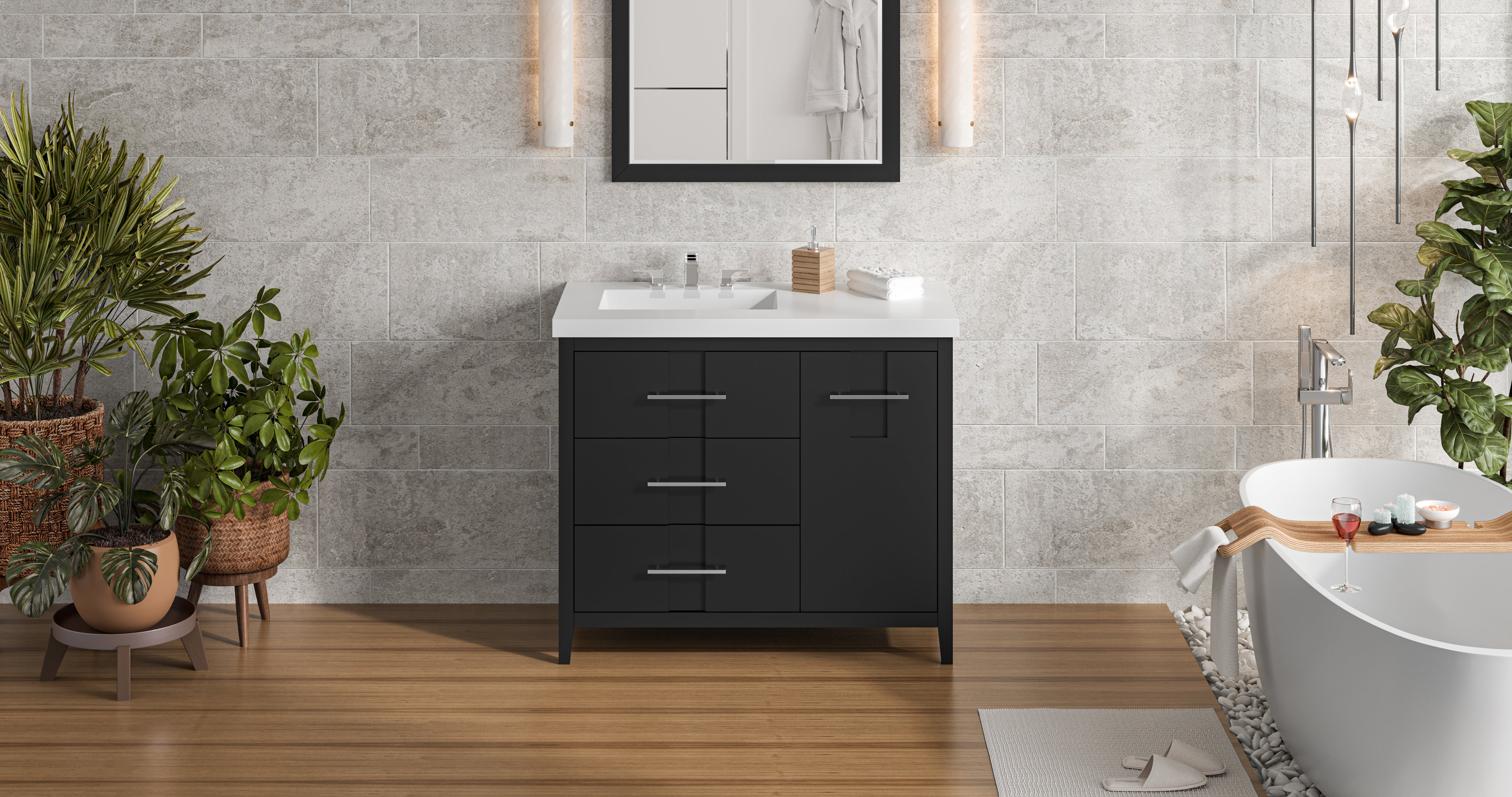 Katara 42" Single Bathroom Vanity Set Black, White Resin Vanity Top, Rectangle Bowl | KitchBath