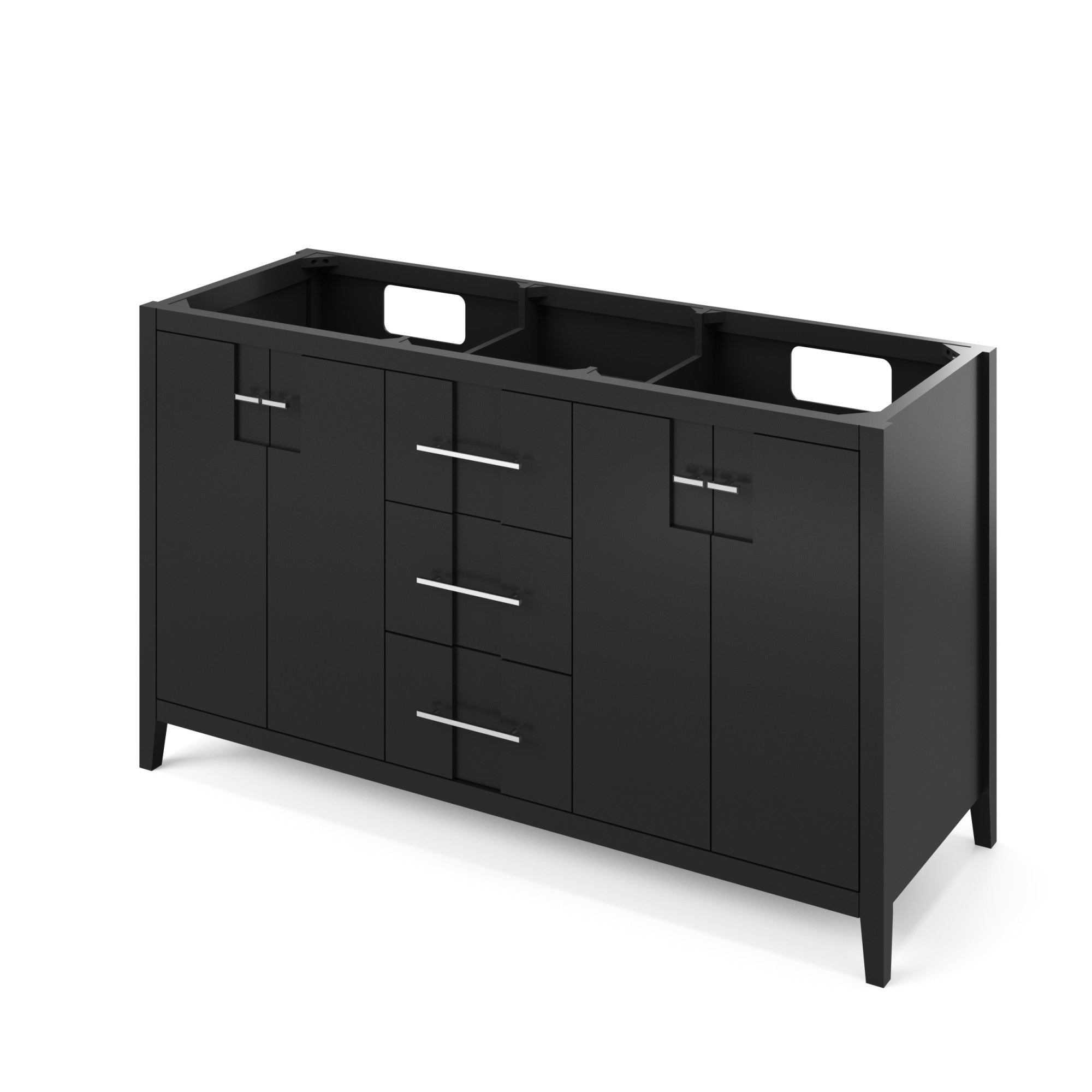 Katara 60" Black Katara Vanity, Double Bowl, White Quartz Vanity Top, Two Undermount Rectangle Bowls | KitchBath