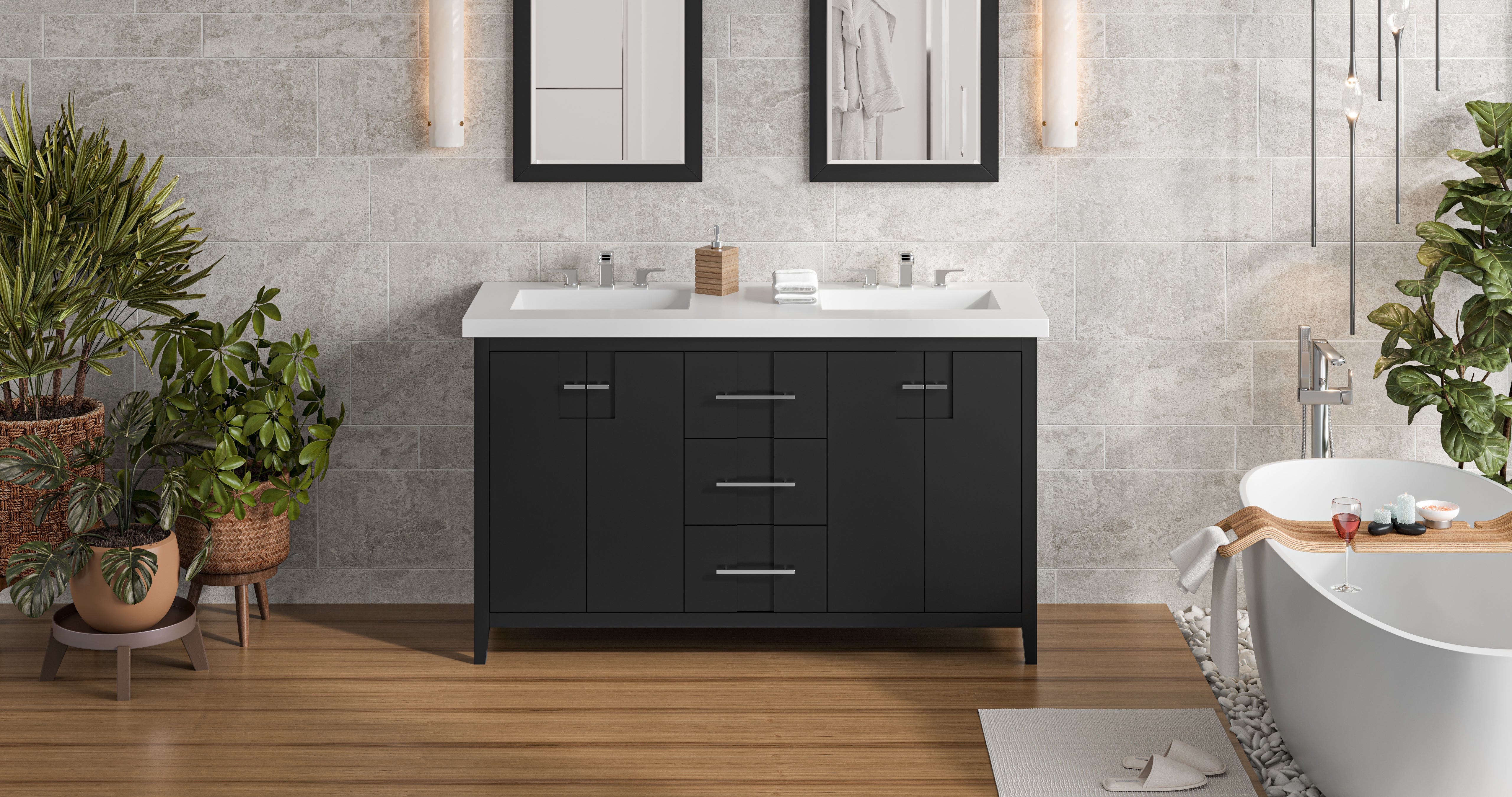 Katara 60" Double Bathroom Vanity Set Black, White Resin Vanity Top, Rectangle Bowl | KitchBath
