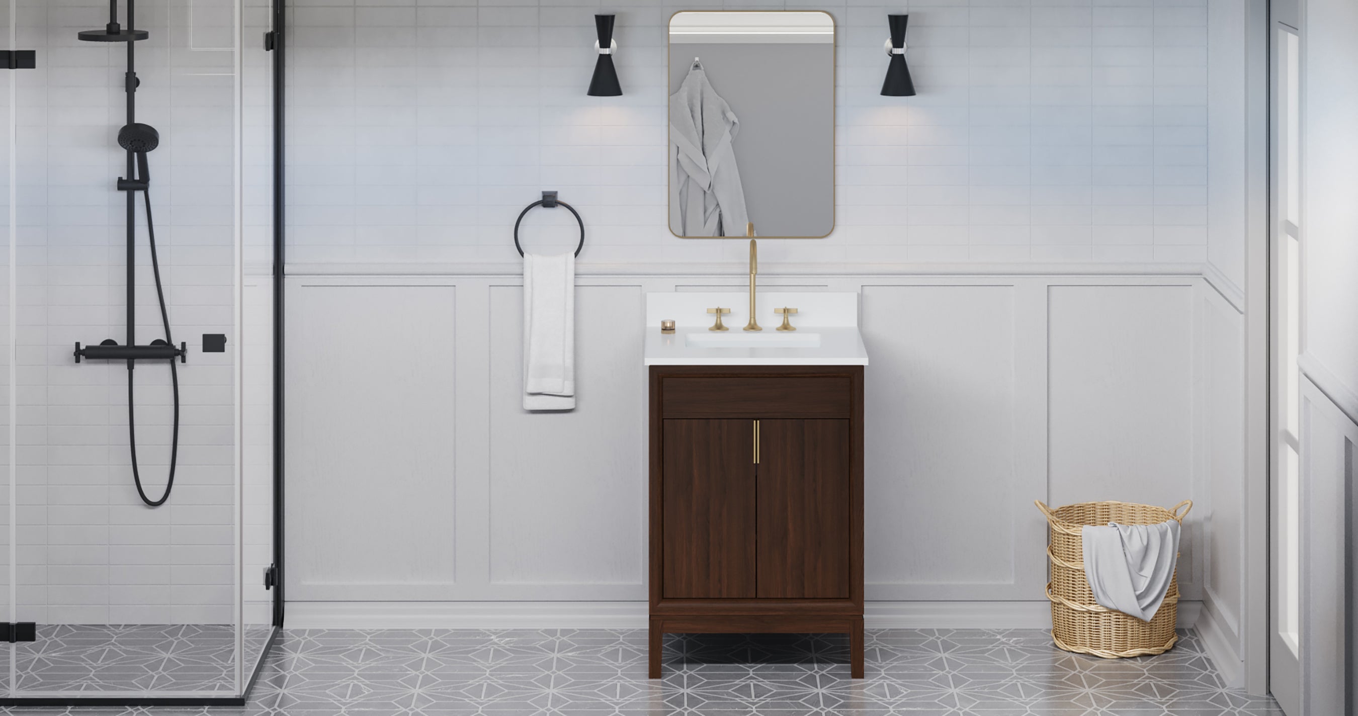 Theodora 24" Single Bathroom Vanity Set Dark Walnut, White Quartz Vanity Top, Rectangle Sink | KitchBath
