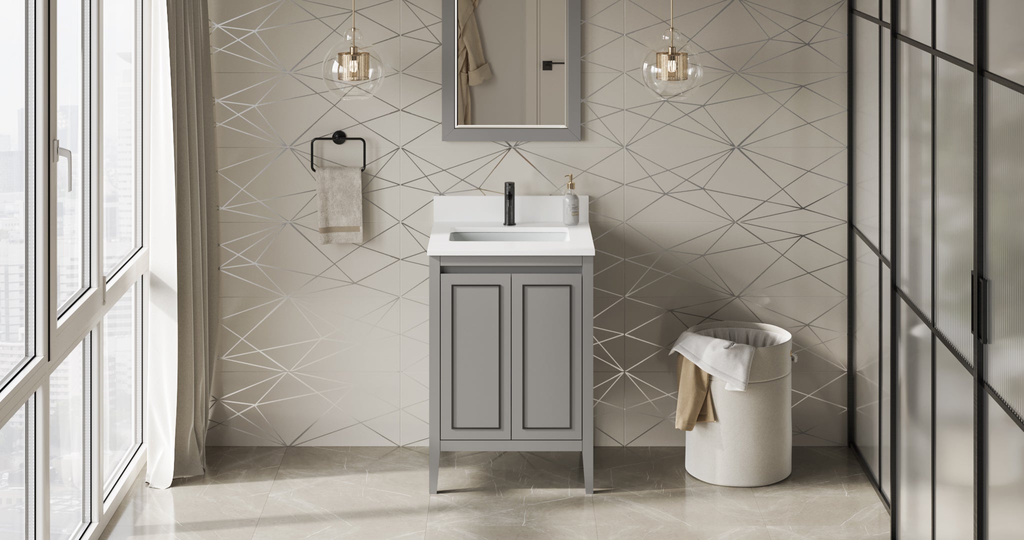 Percival 24" Grey Percival Vanity, White Quartz Vanity Top, Undermount Rectangle Sink | KitchBath