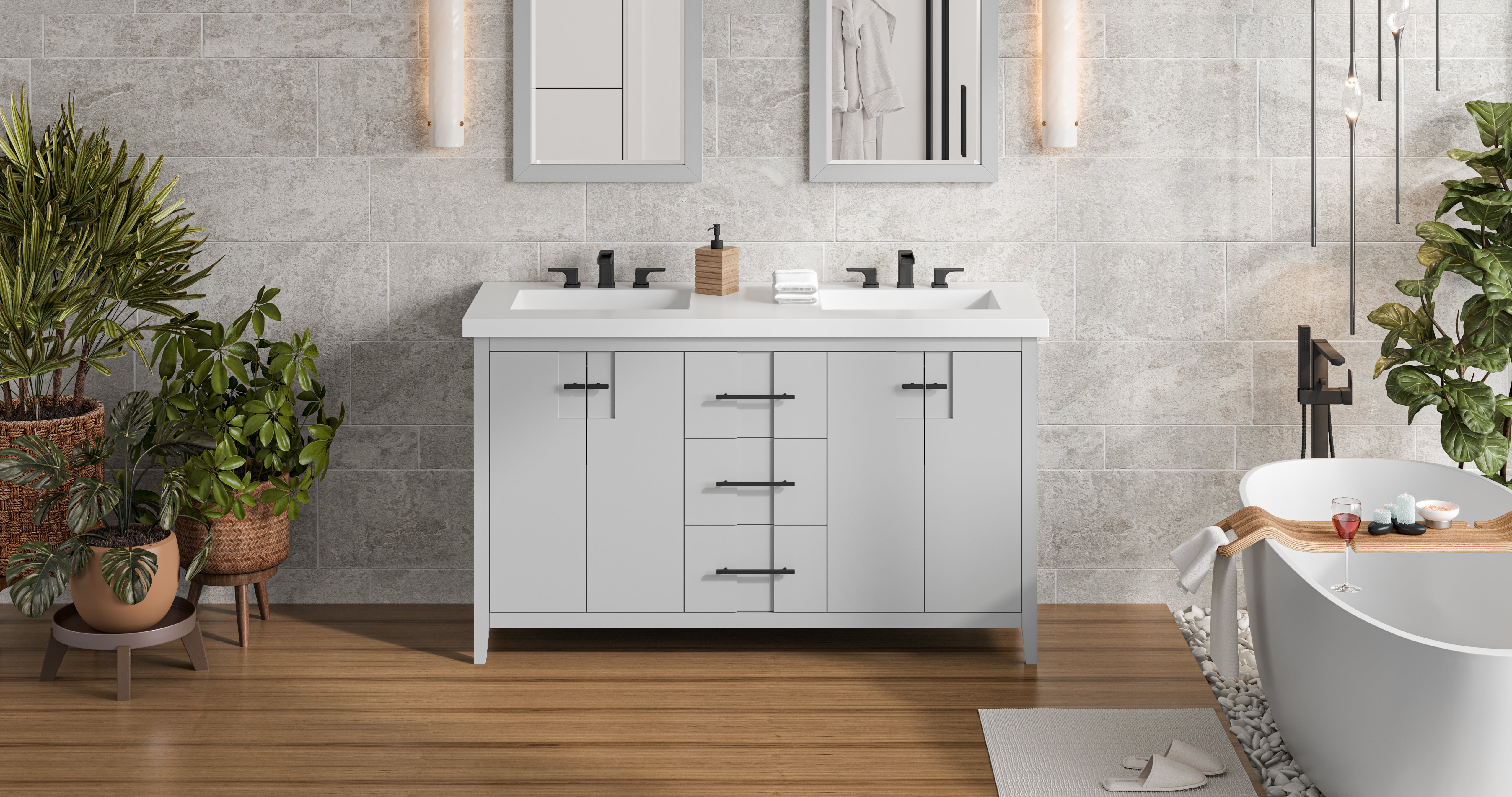 Katara 60" Double Bathroom Vanity Set Grey, White Resin Vanity Top, Rectangle Bowl | KitchBath