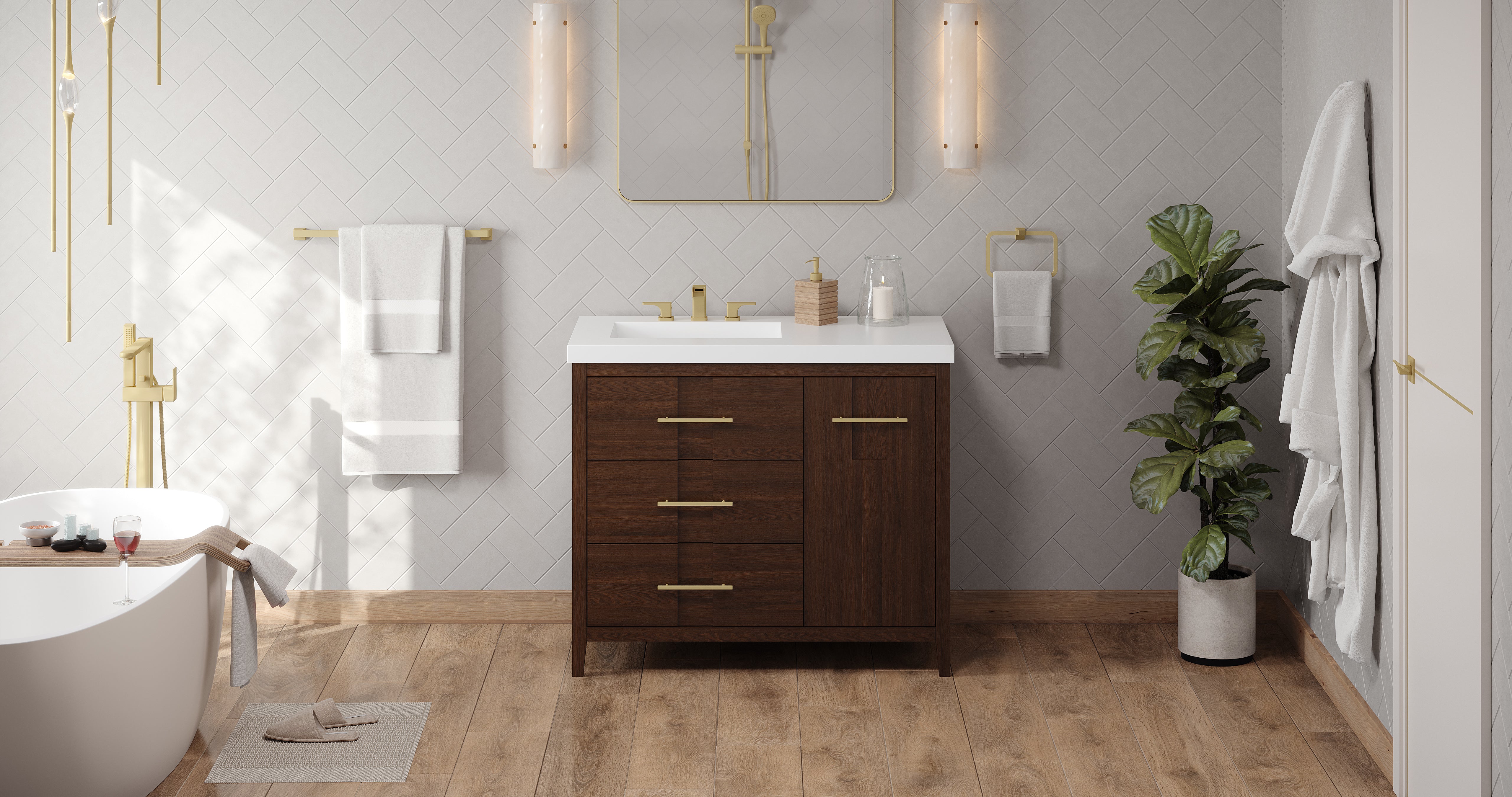 Katara 42" Single Bathroom Vanity Set Dark Walnut, White Resin Vanity Top, Rectangle Bowl | KitchBath