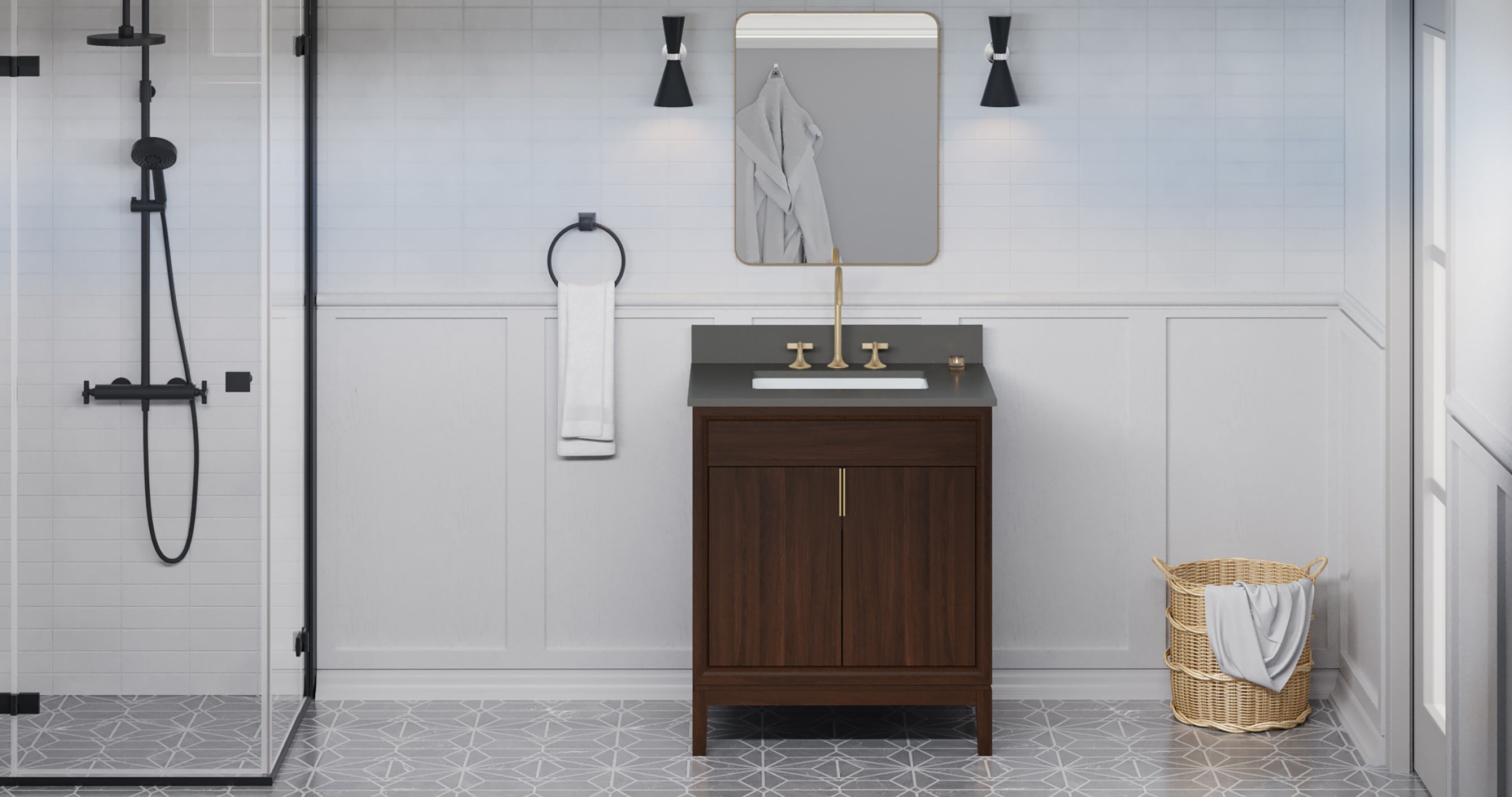 Theodora 30" Single Bathroom Vanity Set Dark Walnut, Grey Quartz Vanity Top, Rectangle Bowl | KitchBath