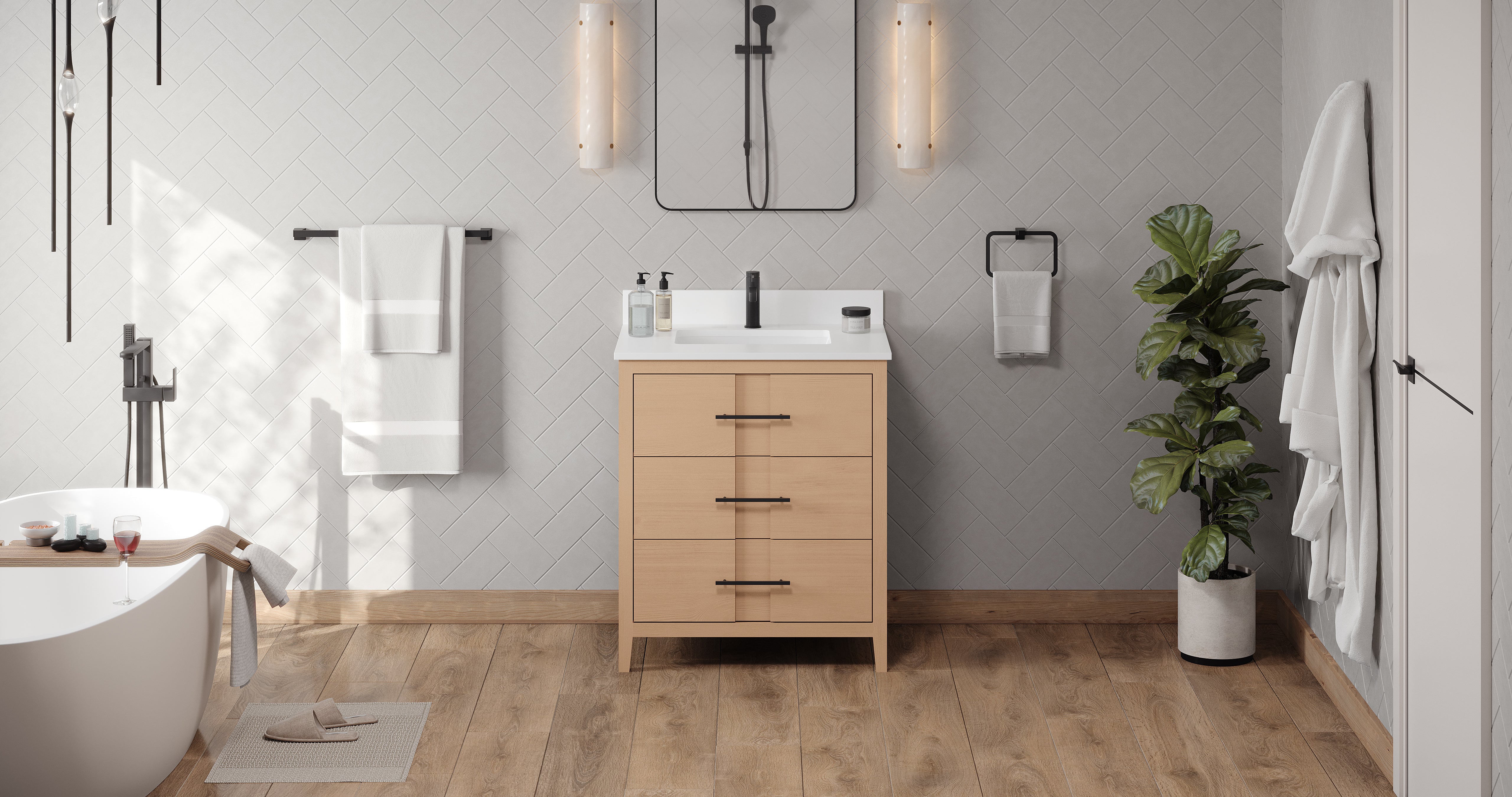Katara 30" Single Bathroom Vanity Set Natural Oak, White Quartz Vanity Top, Rectangle Bowl | KitchBath