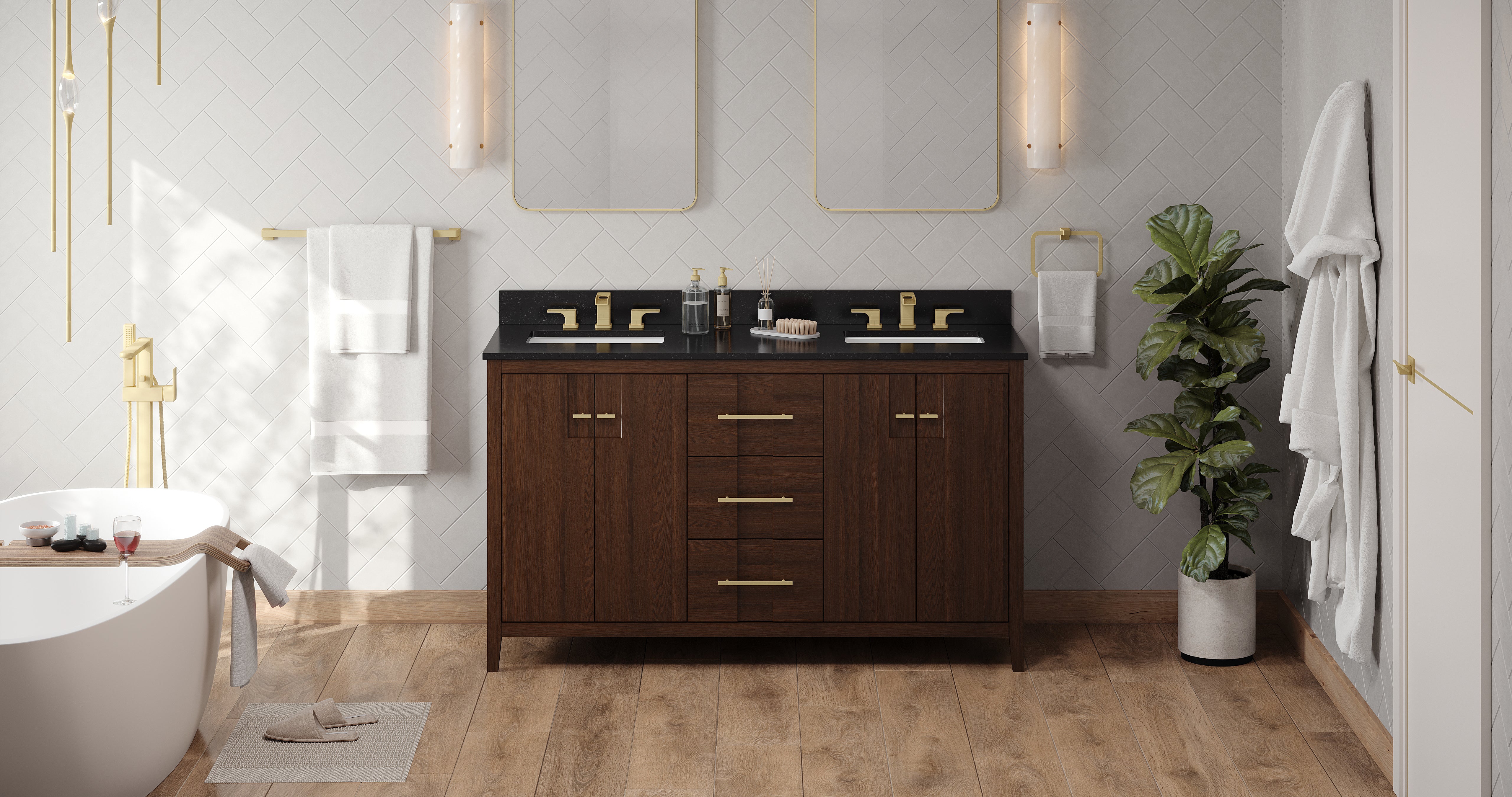 Katara 60" Double Bathroom Vanity Set Dark Walnut, Black Granite Vanity Top, Rectangle Bowl | KitchBath