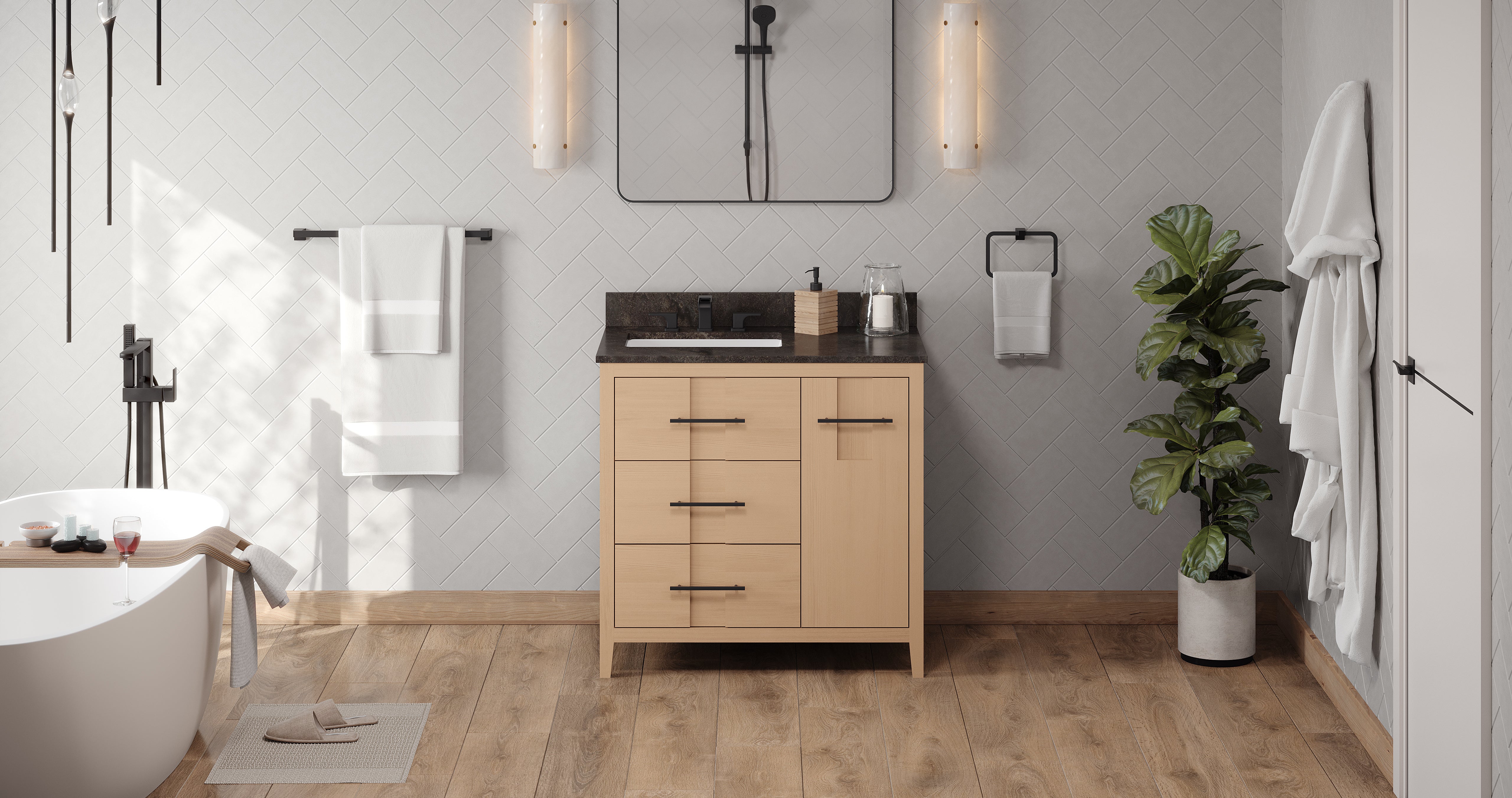 Katara 36" Single Bathroom Vanity Set Natural Oak, Blue Limestone Vanity Top, Rectangle Bowl | KitchBath