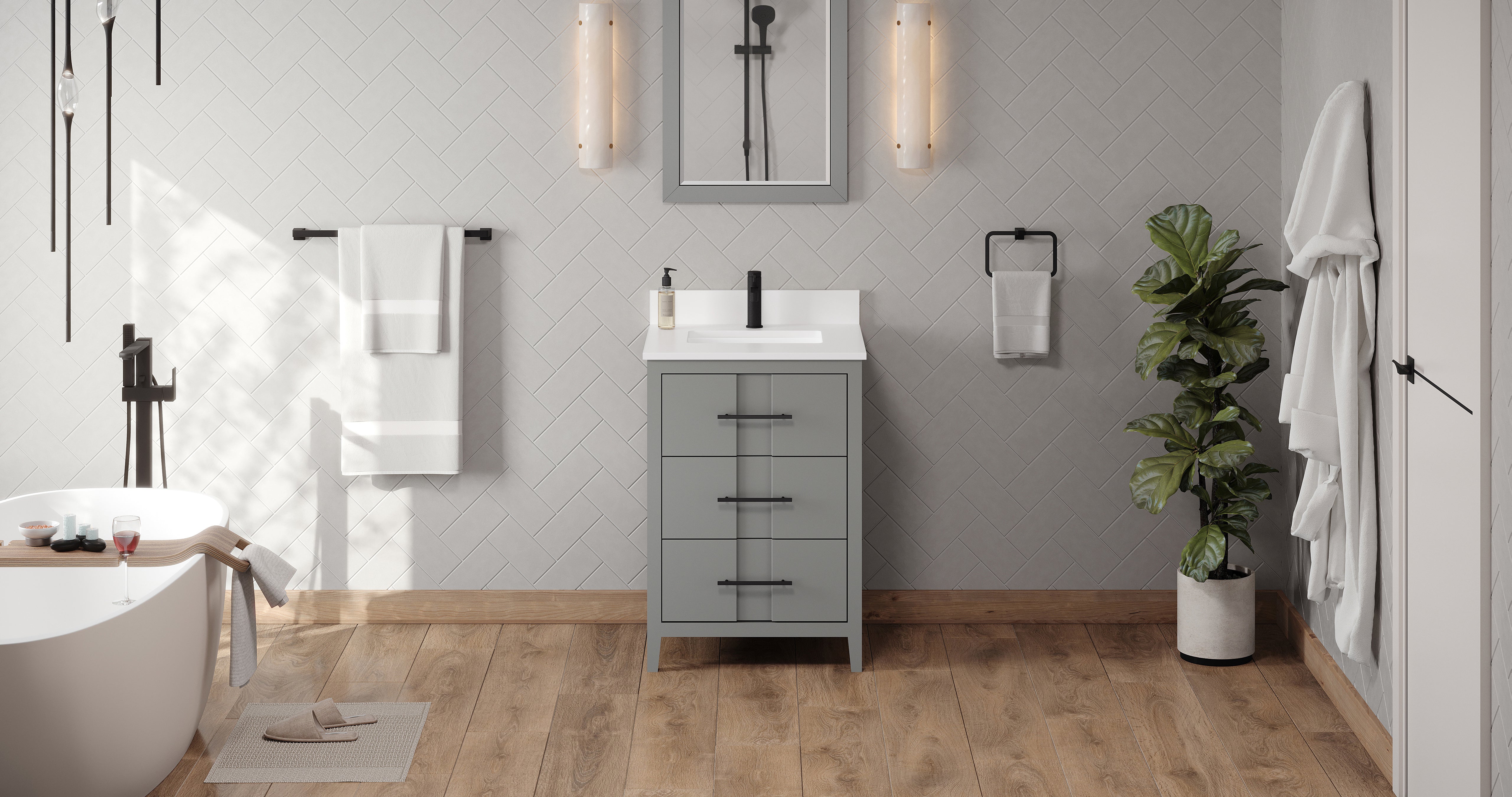Katara 24" Grey Katara Vanity, White Quartz Vanity Top, Undermount Rectangle Bowl | KitchBath