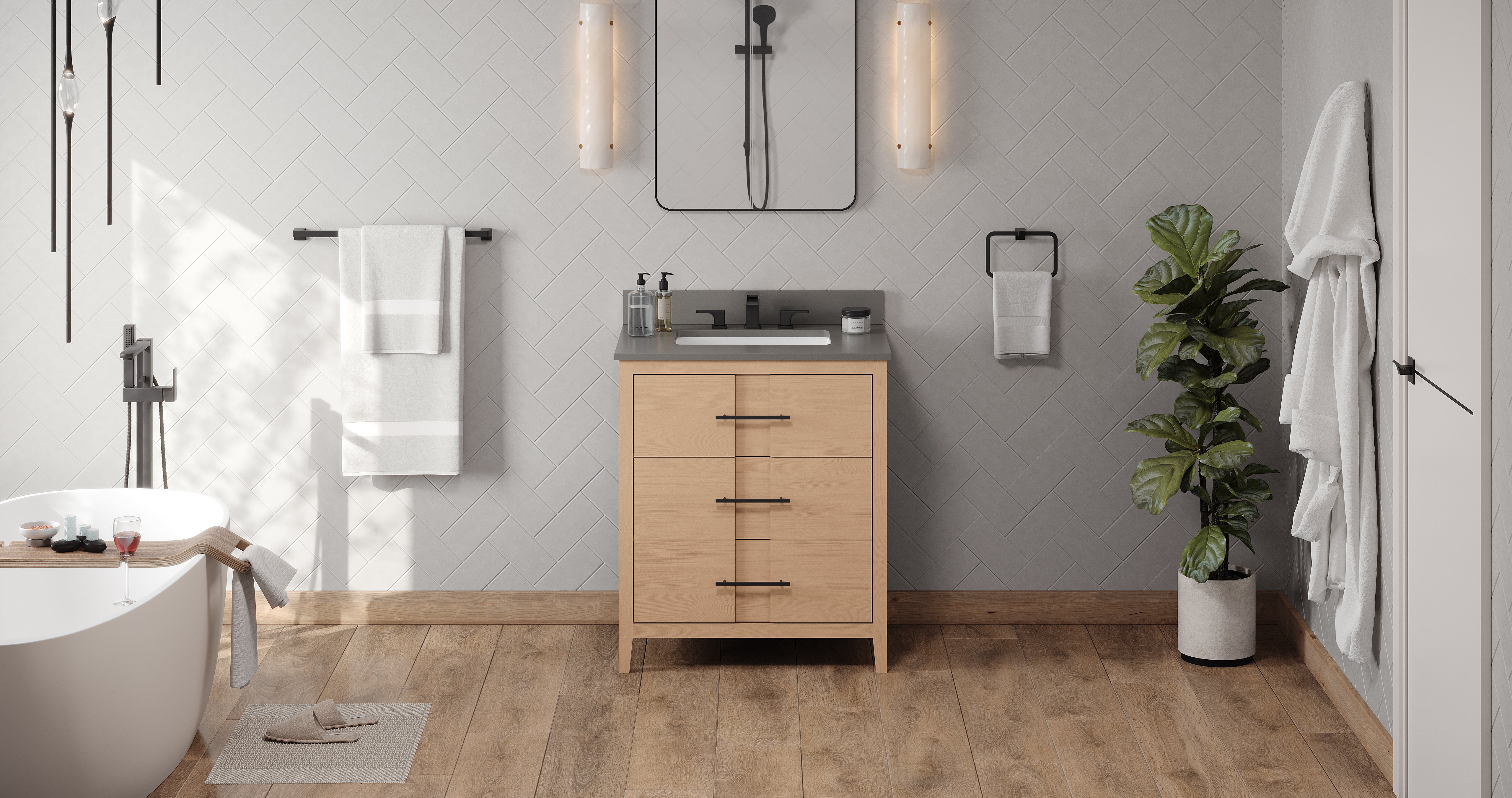 Katara 30" Single Bathroom Vanity Set Natural Oak, Grey Quartz Vanity Top, Rectangle Bowl | KitchBath